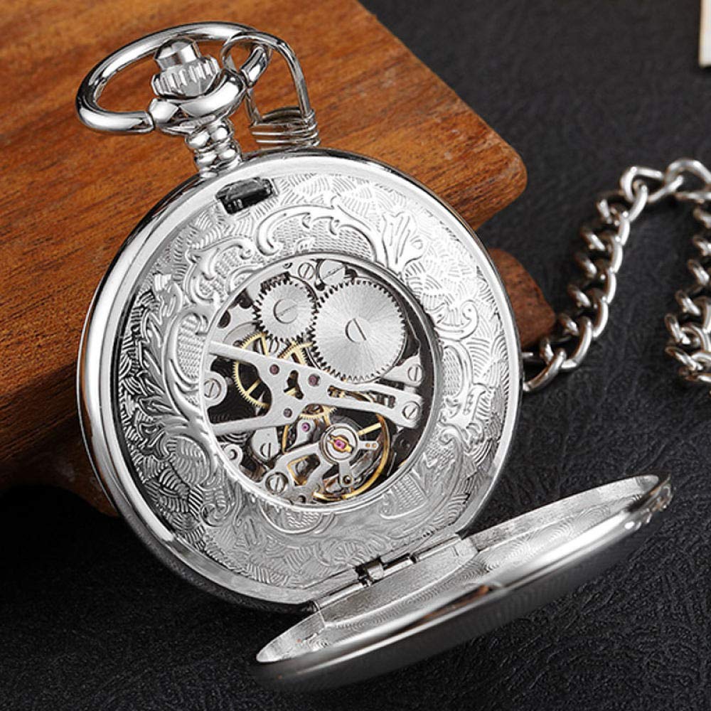 Silberne Edelstahl Vintage Mechanische Taschenuhrstreifen graviertes Doppelpass -Skelett Uhr Steampunk Männer Frauen Frauen