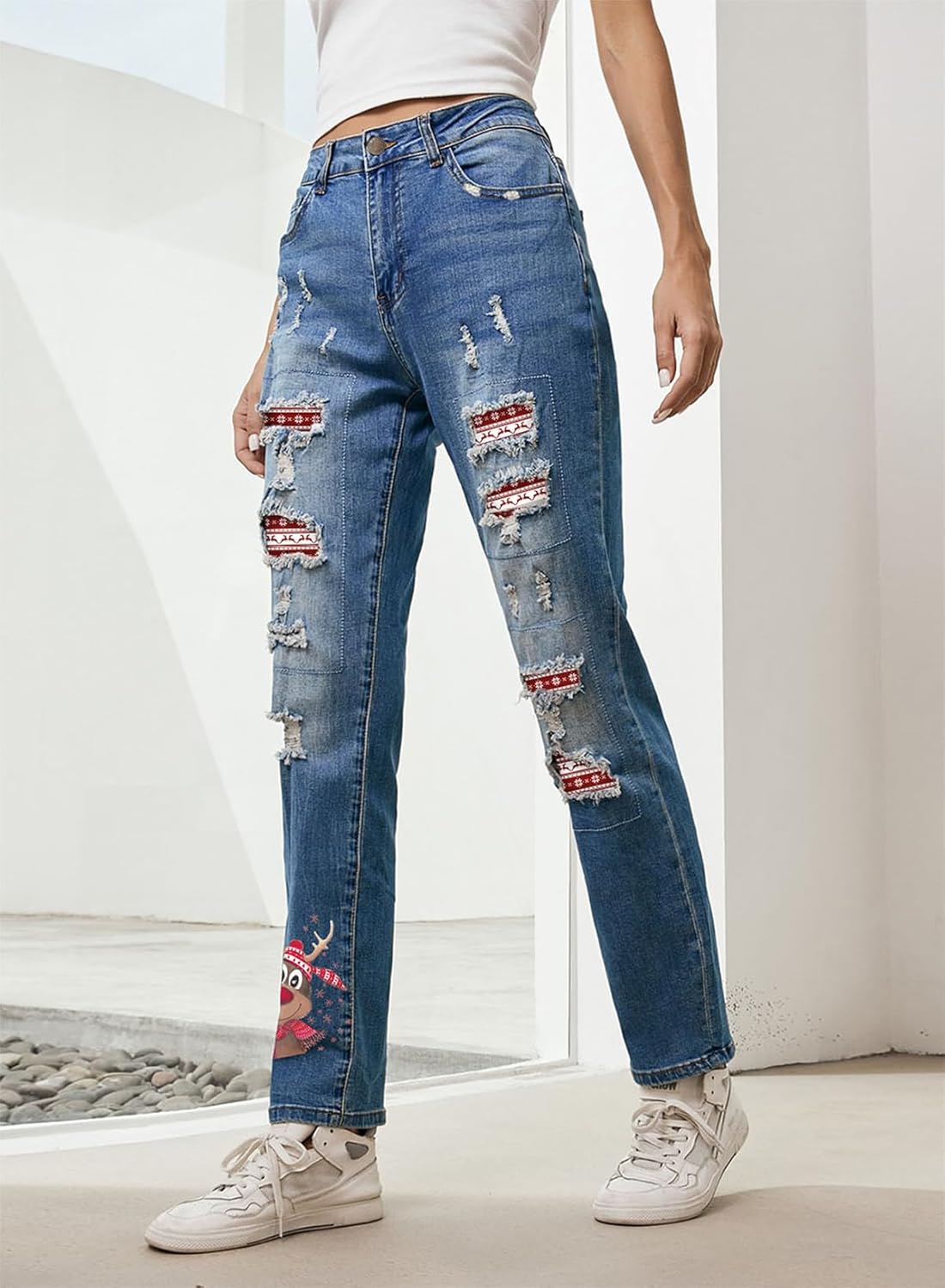 EVALESS Ripped Jeans for Women Plaid Patch Boyfriend Skinny Distressed Denim Jean Pants