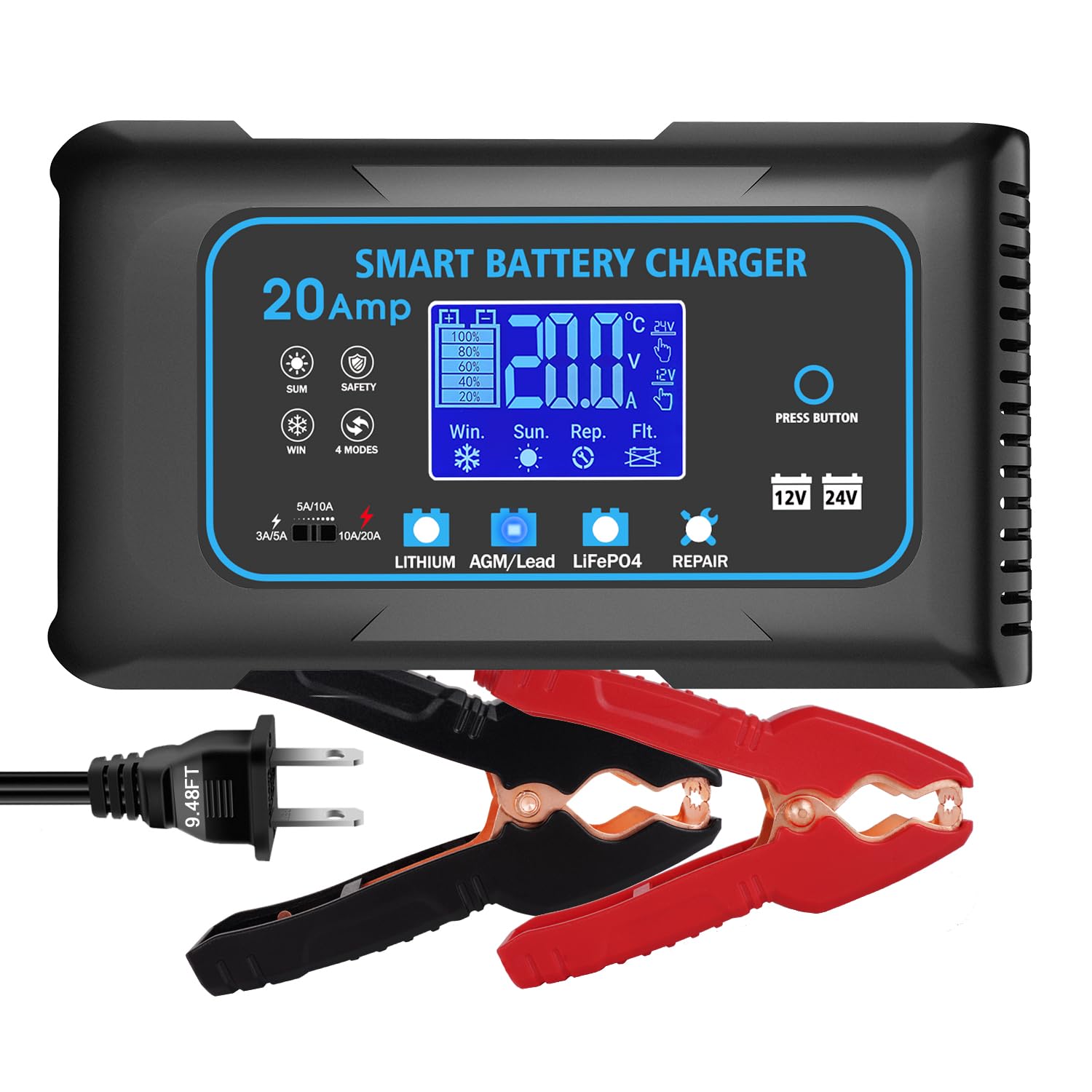 20 AMP Battery Charger 12V/24V Battery Maintainer Trickle Charger for Car