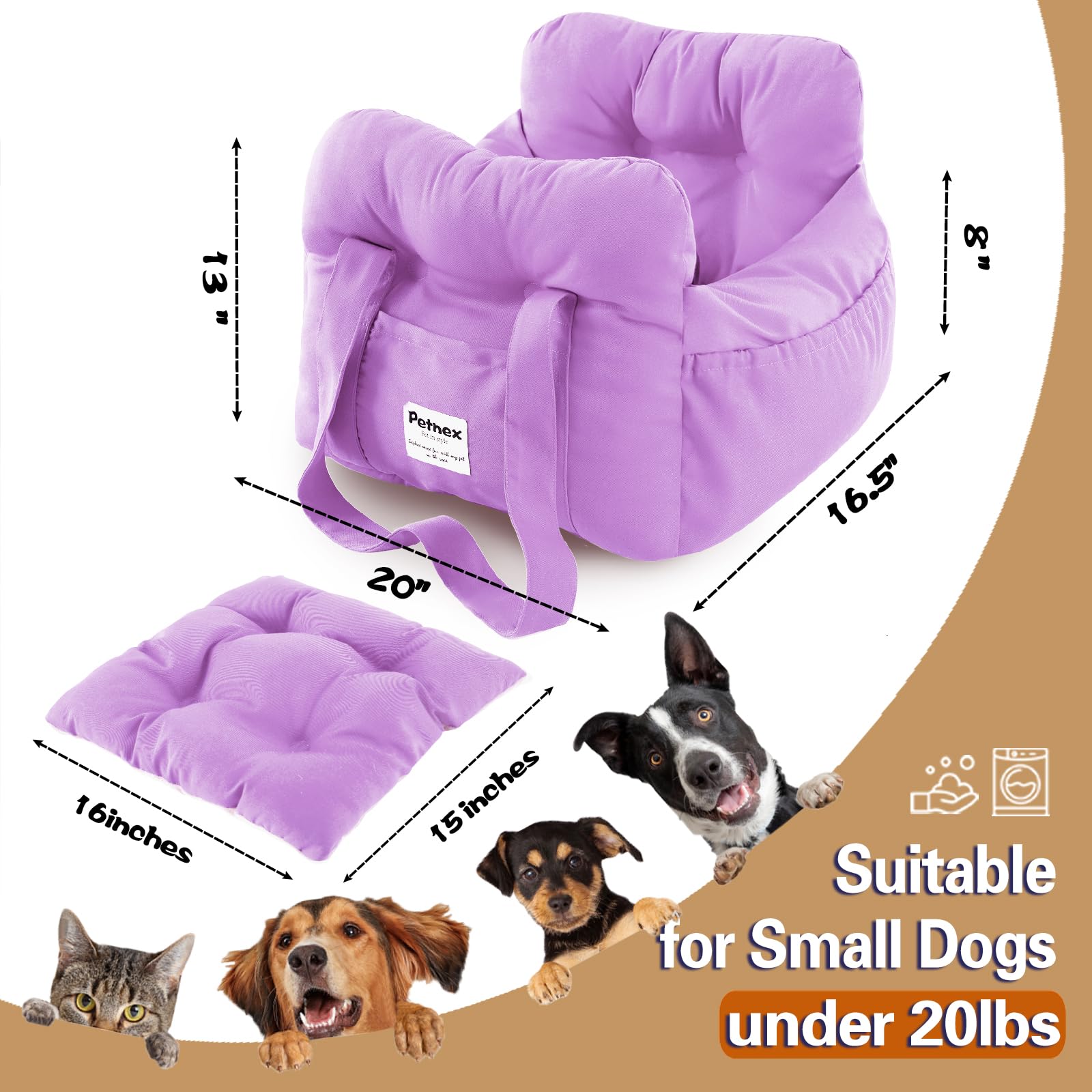 Asiento de coche para perros pequeños, asiento portátil para cachorros de fácil instalación, bolsa de transporte de mascotas de moda con bolsillos grandes, asiento elevador de perro lavable a