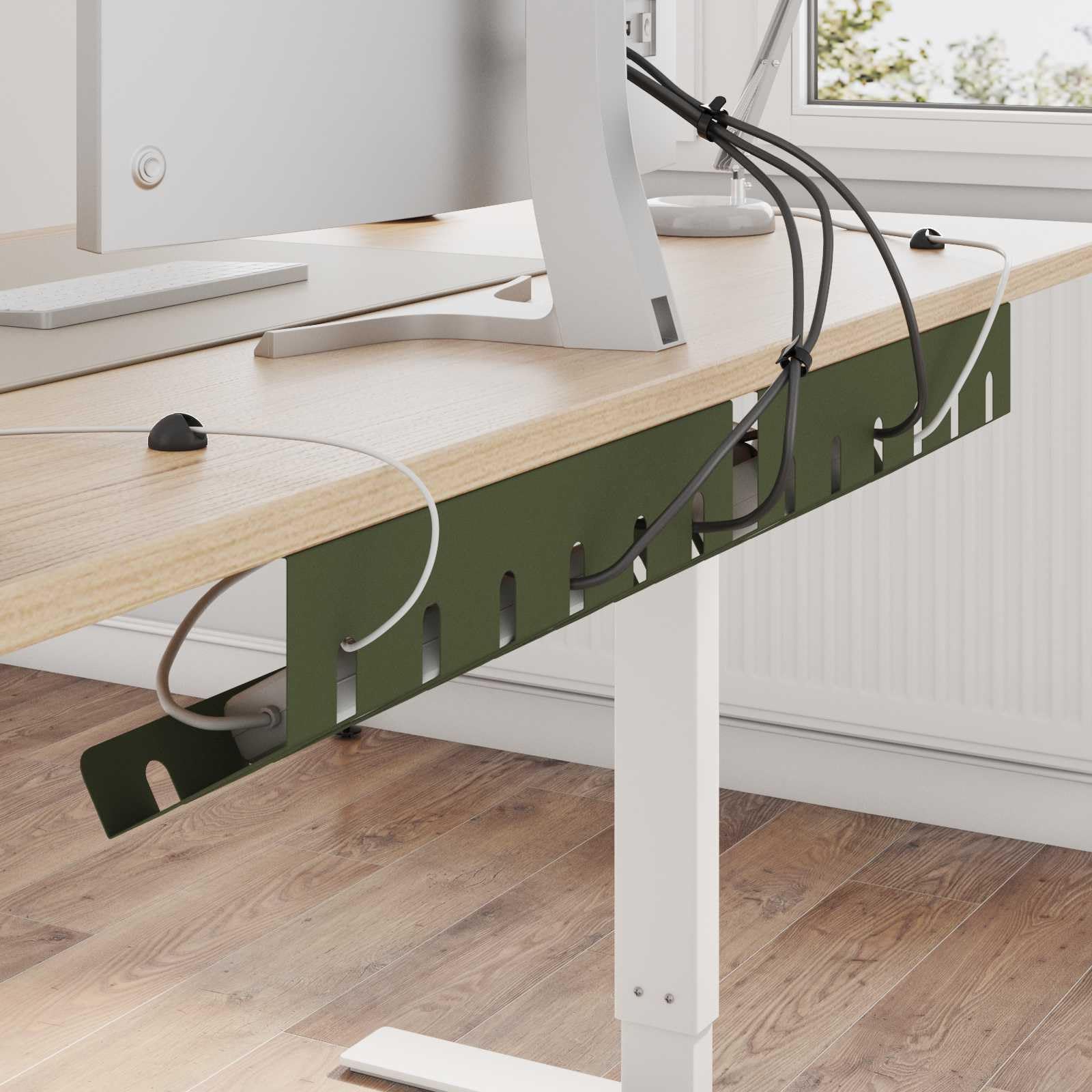 Kabelmanagement Tray 2er Set aus Stahl für Schreibtisch, Kabelkanal Organizer in Olivgrün, stabile Kabelbox mit Wärmeableitung, flexible Montage für Büro, Gaming und Heimgebrauch