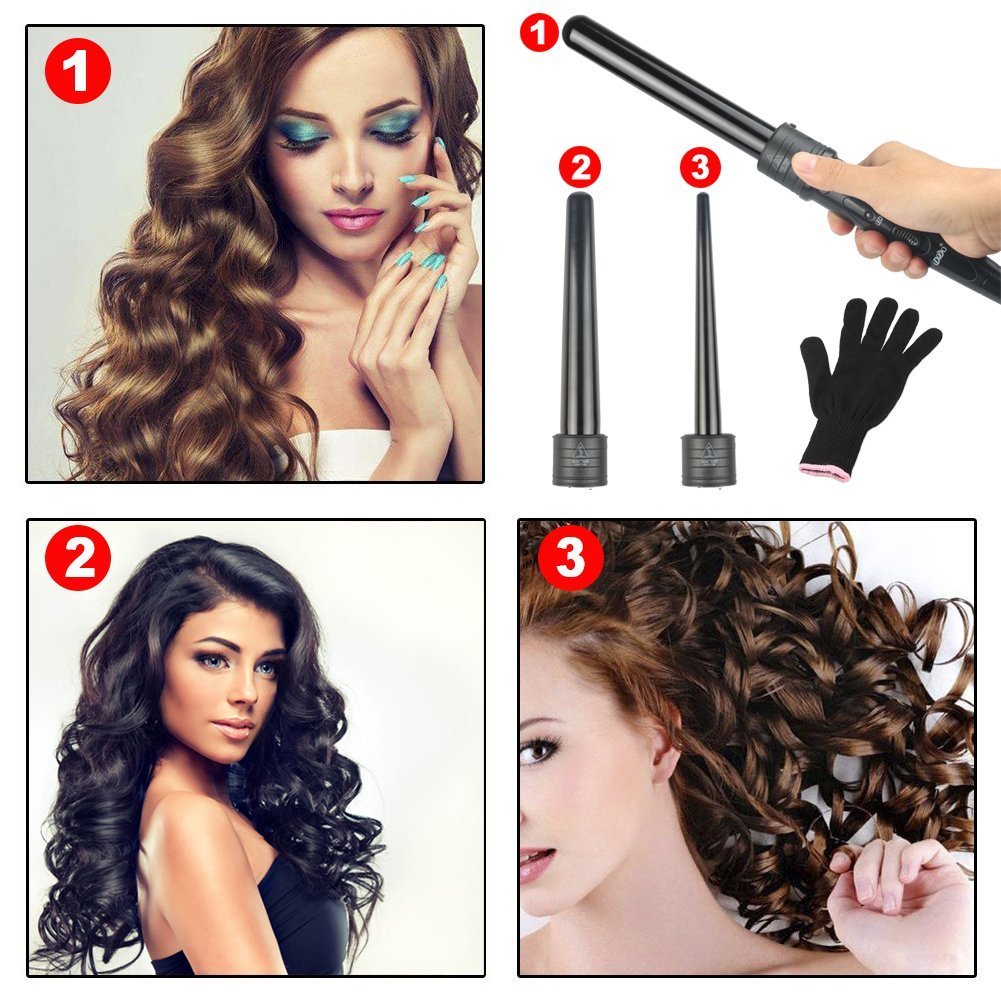 Fer à Boucler,Culwad 3 en 1 Boucleur Cheveux avec LED Fer à Friser de 150-210°C en Céramique avec Gant (EU Plug Prise)