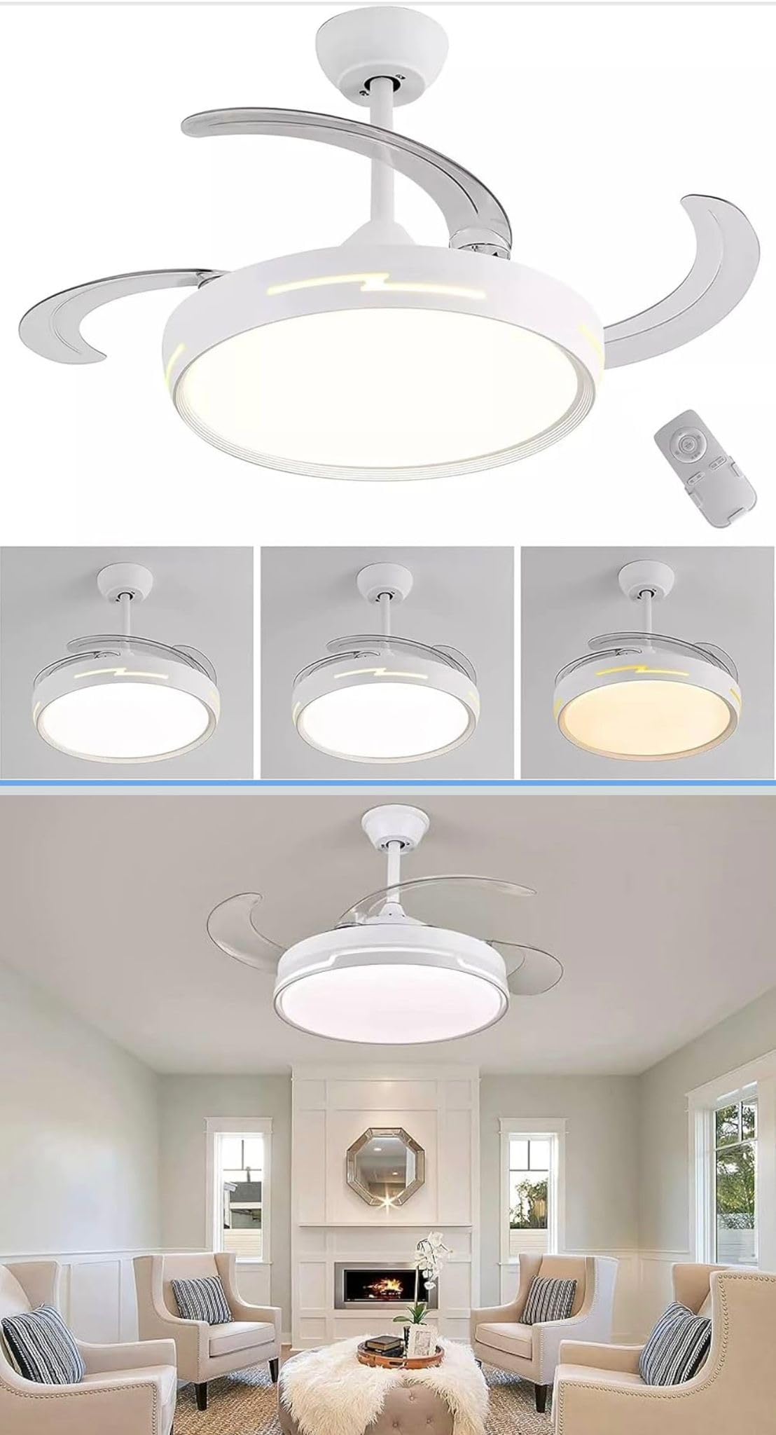 Generico Ventilatore da Soffitto con Luce LED, Pale Retrattili 120 cm, Telecomando Incluso, 3 Temperature Luce, 6 Velocità, Timer, Design Moderno per Soggiorno Camera da Letto