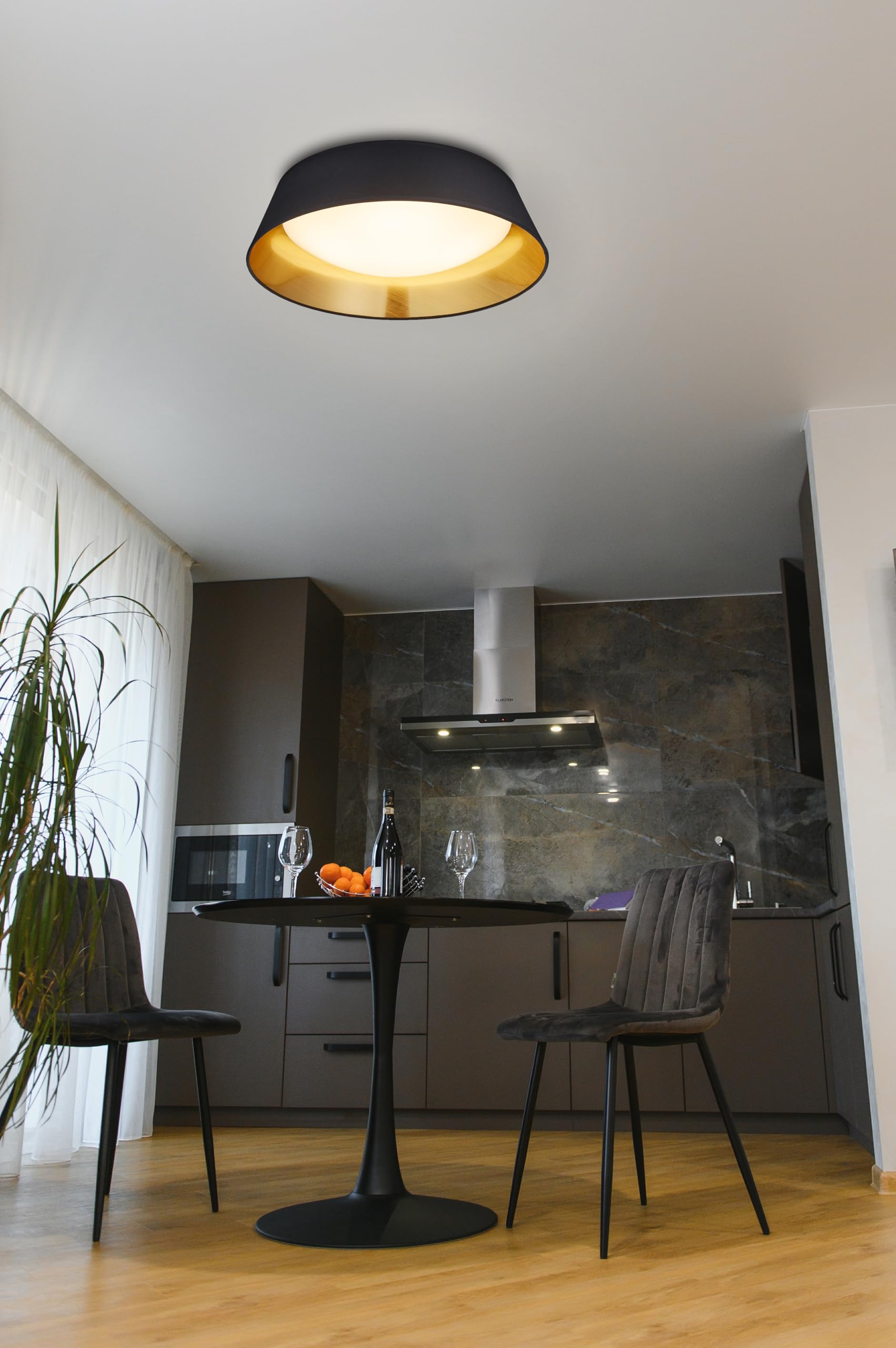 modern Deckenleuchte Micha, Stoffschirm schwarz/Innenseite gold, 14W LED Leuchtmittel inklusive, ø 35.5/45 cm, Höhe 12 cm