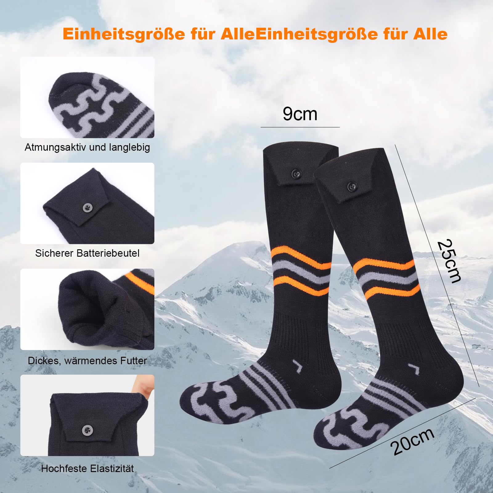 Beheizbare Socken Damen Herren 360° Heizung 5000mAh Wiederaufladbare Heizsocken Warme Socken für Vorderfuß und Füße 4 Wärmeeinstellungen für Skifahren Angeln Radfahren Camping Wandern Winter Sport