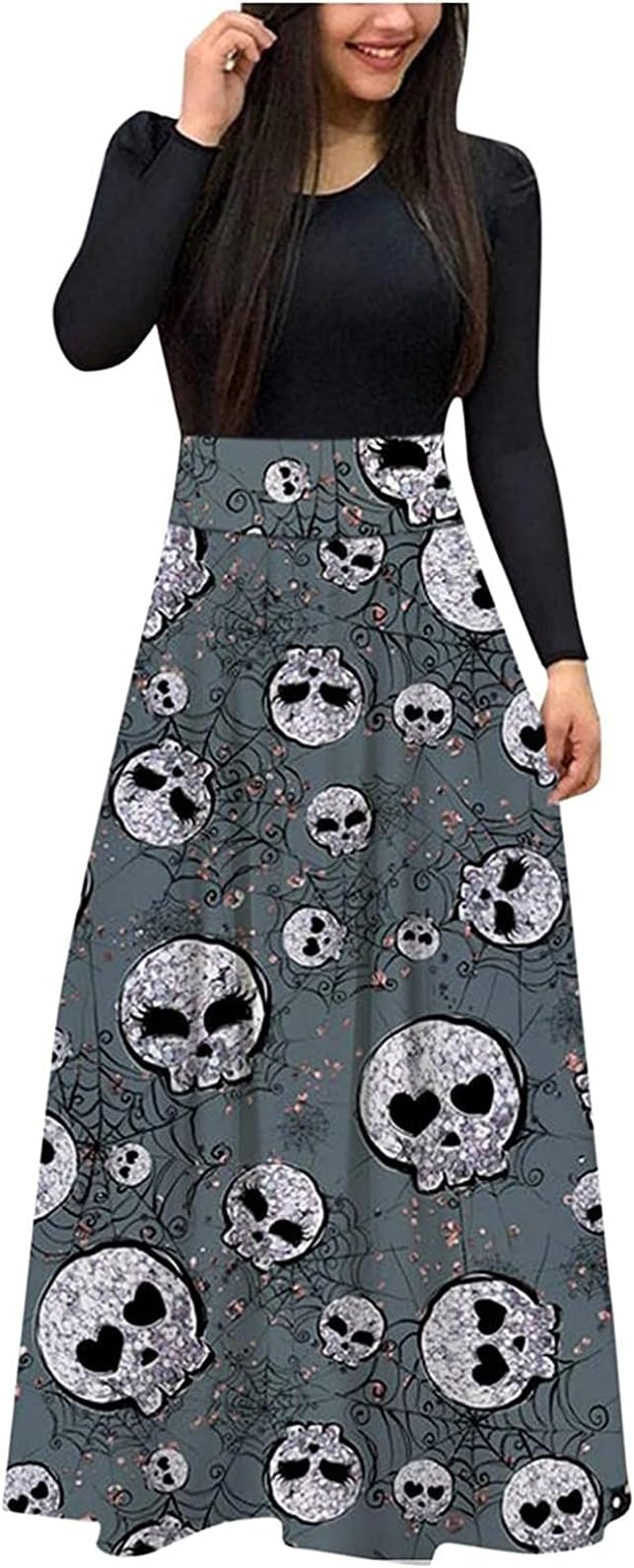 HRSTUYL Fall Dresses for Women 2022, Floral/Halloween Printed Long Sleeve Loose Fit High Waist Splice Maxi Plus Size Dresses