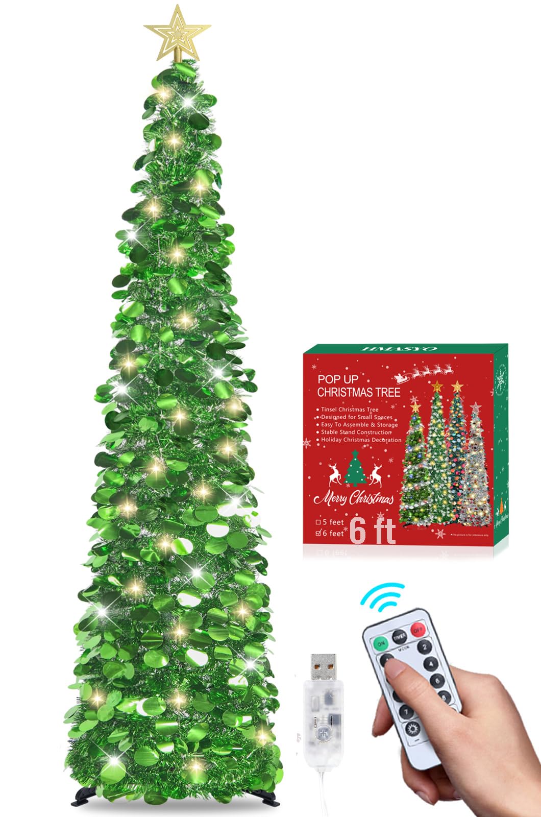 HMASYO Artificial Christmas Tree with Sequins 180 cm with 100 LED Lights Timer and Remote Control, Instant Assembly, USB Powered - Indoor Decoration for Home, Apartment, Porch, Party