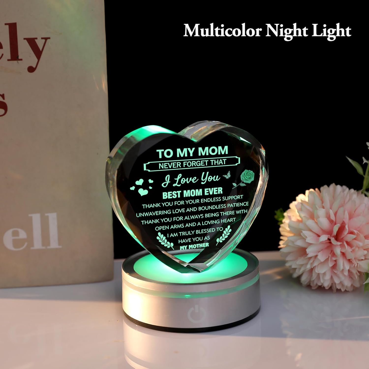 IFOLAINA Mom Gifts for Mothers Day Birthday Gifts from Daughter Son to My Mom Heart Crystal Keepsake with LED Base Engraved Night Light Decor