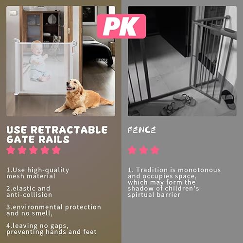 Miniatura 6 de Puerta retráctil para bebé, puerta de seguridad de malla de 55 pulgadas de ancho para bebés y mascotas, 34 pulgadas de alto, fácil de usar con una