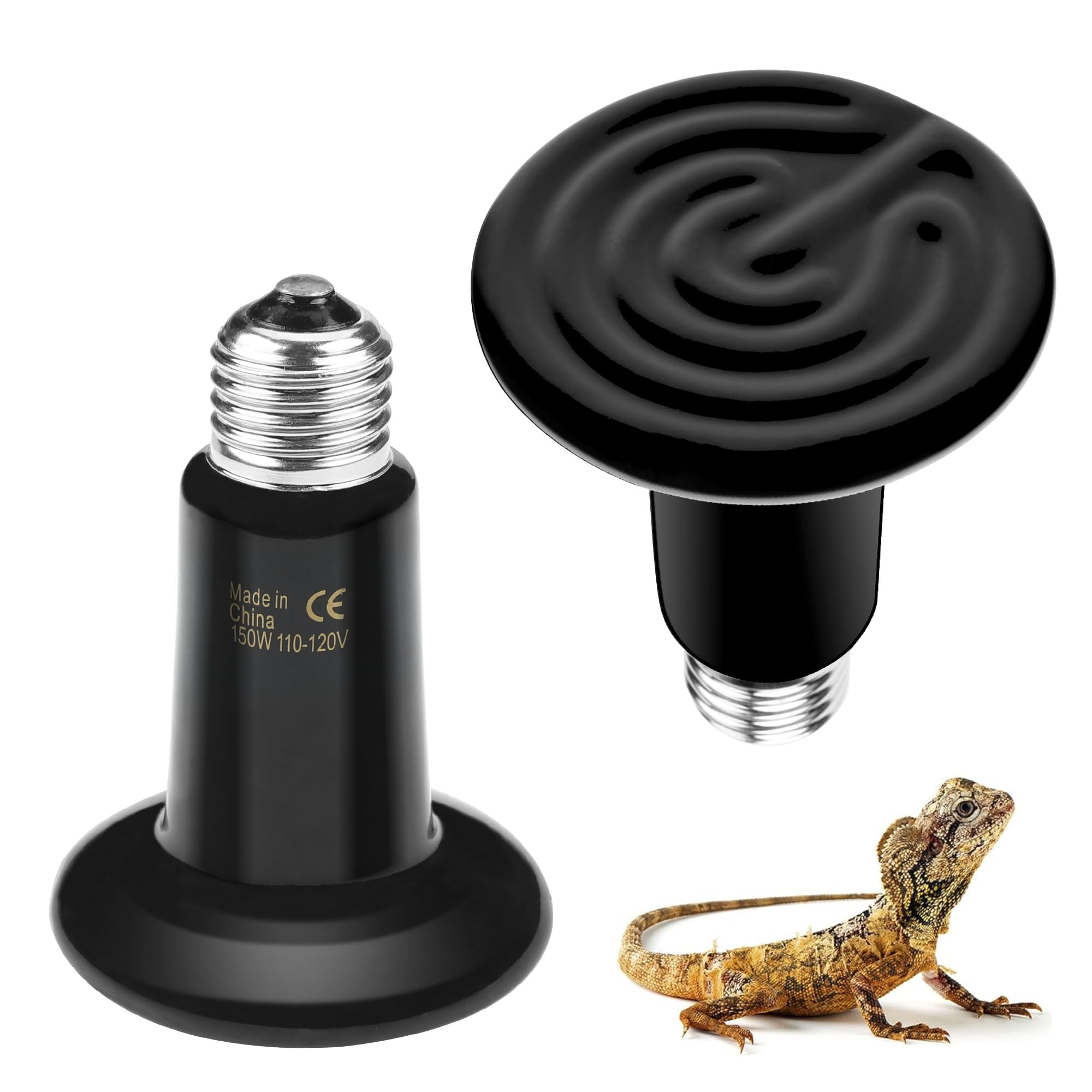 BN-LINK 150W Reptile Heat Lamp 2-Pack, Ceramic Heat Emitter Bulbs, No Light Heat Lamp for Reptiles, Chickens, Lizard, Turtle, Snake
