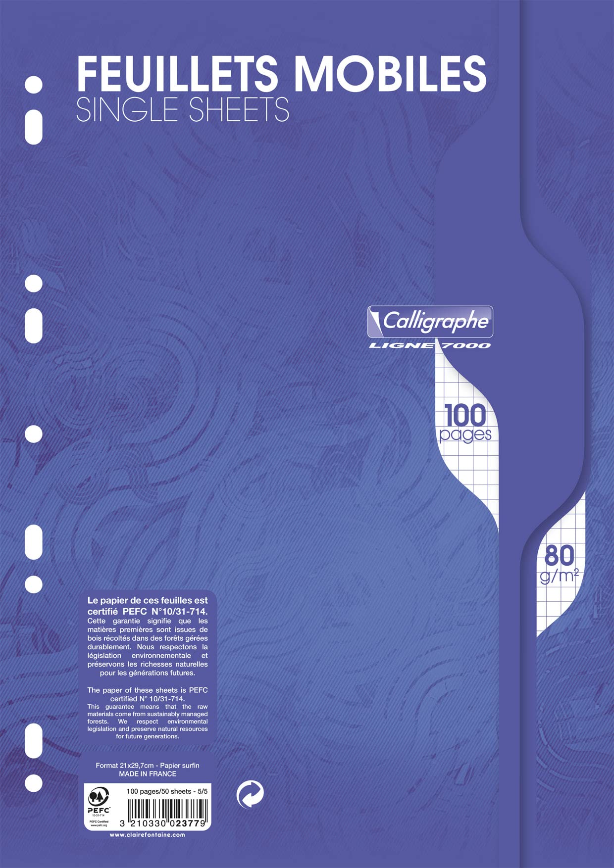 Calligraphe 2377C papier kancelaryjny opakowanie perforowanych luźnych arkuszy w folii ochronnej (Clairefontaine ) - A4 21x29,7 cm - 100 stron w kratkę - papier 80 g