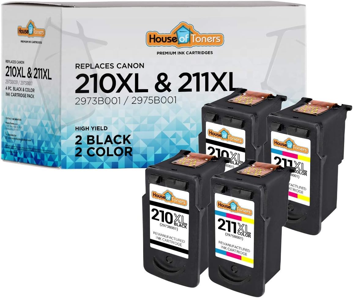 Houseoftoners Remanufactured for Canon PG-210XL Black and CL-211XL Color Ink Cartridge High Yield Replacement for Canon Pixma iP2700 iP2702 MP240 MP250 MP270 MP280 MP480-4 Pack (2 Black, 2 Color)