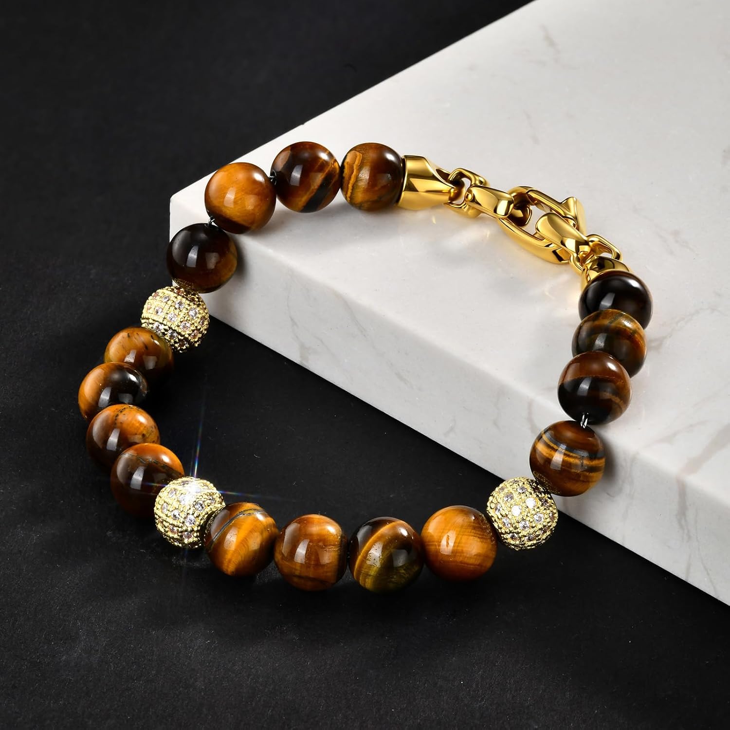 Valentines Day Gifts for Men-Tiger's Eye Stone Beaded Bracelet,Real 8mm Natural Gemstone Chain Beads Bracelets with Stainless Steel Clasp, Men Designer Jewelry Gift for Him,Husband,Son,Boyfriend - Image 8