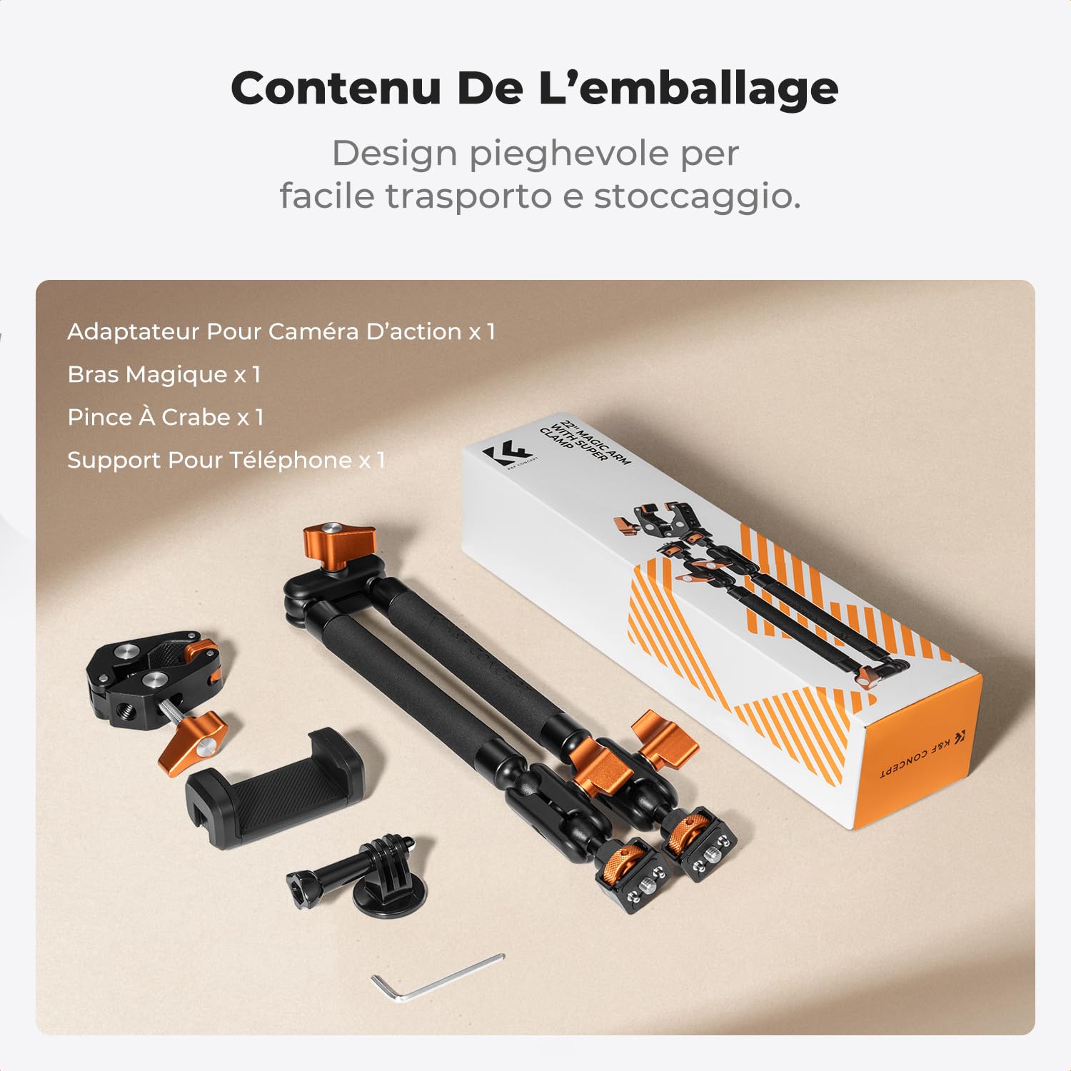 K&F CONCEPT Kit Bras Magique 22" avec Pince, Support Caméra de Bureau Articulé pour Téléphone, Caméra d'action, Lumière LED, Microphone