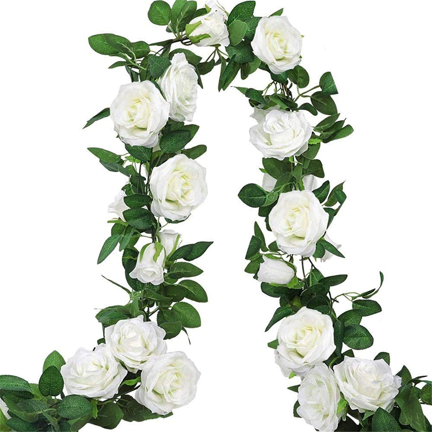 Ancokig Artificial Rose Vines,Fake Rose Garland Silk Flowers Hanging Artificial Plants for Hotel Wedding Home Party Garden Craft Art Arch Arrangement Decoration (2pcs - 9Flowers,White)