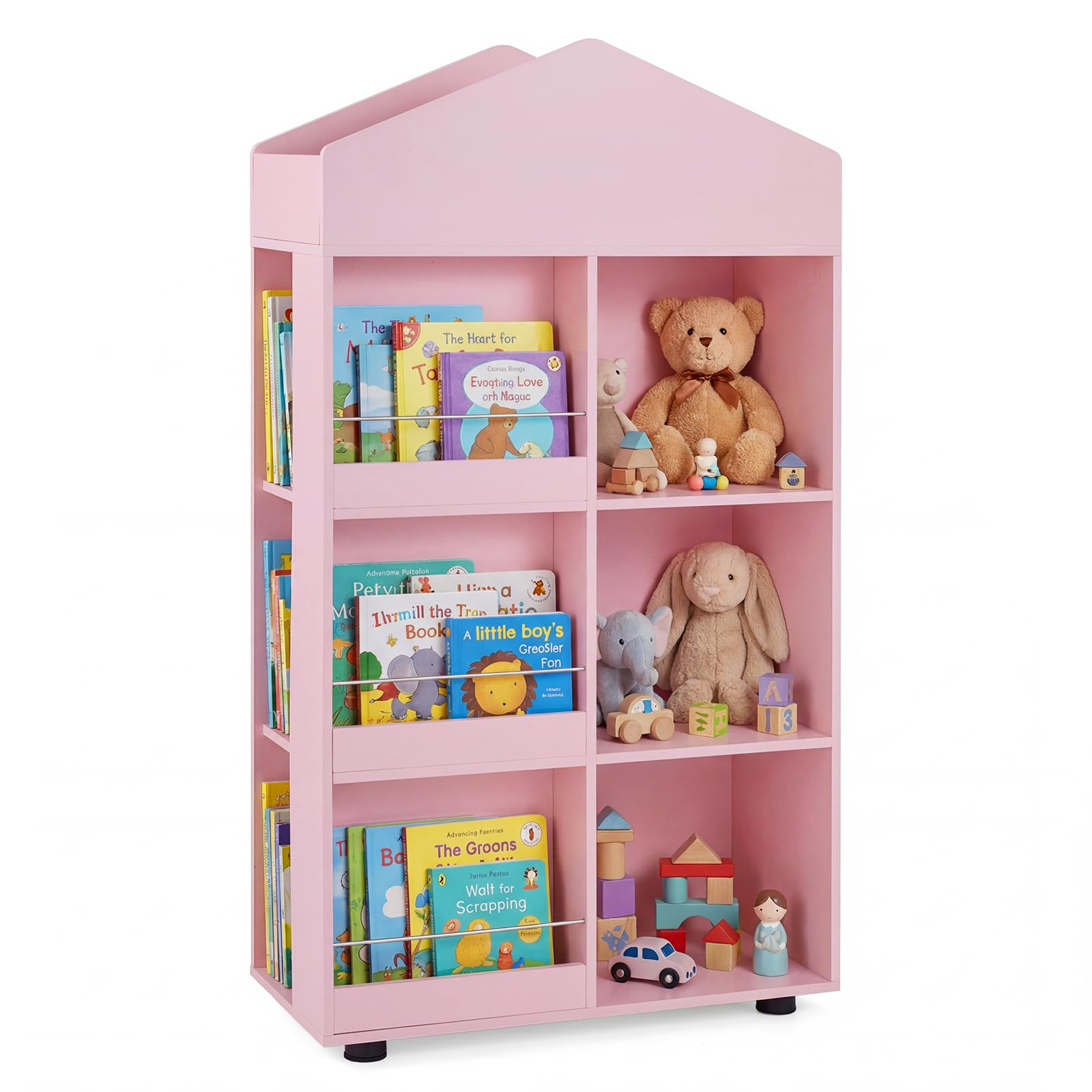 COSTWAY Estantería Infantil de Madera, Organizador Juguetes Tipo Casita de Muñecas con Compartimentos, Kits Antivuelco, Barras y Baffles Anticaída, Biblioteca para Sala de Juegos,64x30x116cm (Rosa)