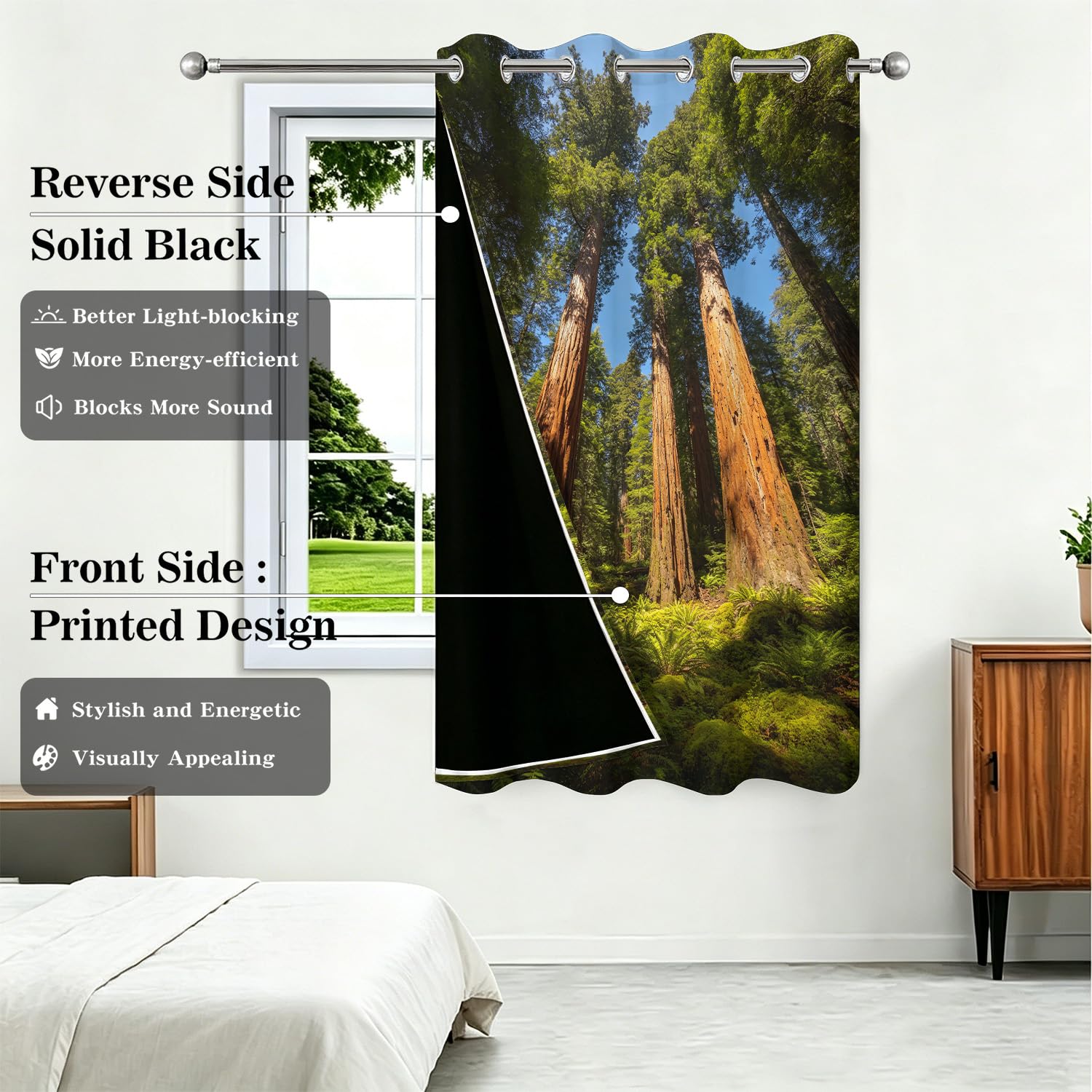 Tenda Divisoria Interna 3D Sequoia Gigante 140 x 200cm | Pannello Oscurante e Termico per Porta e Finestra Foresta Tropicale, con Occhielli per Camera, Soggiorno e Armadio