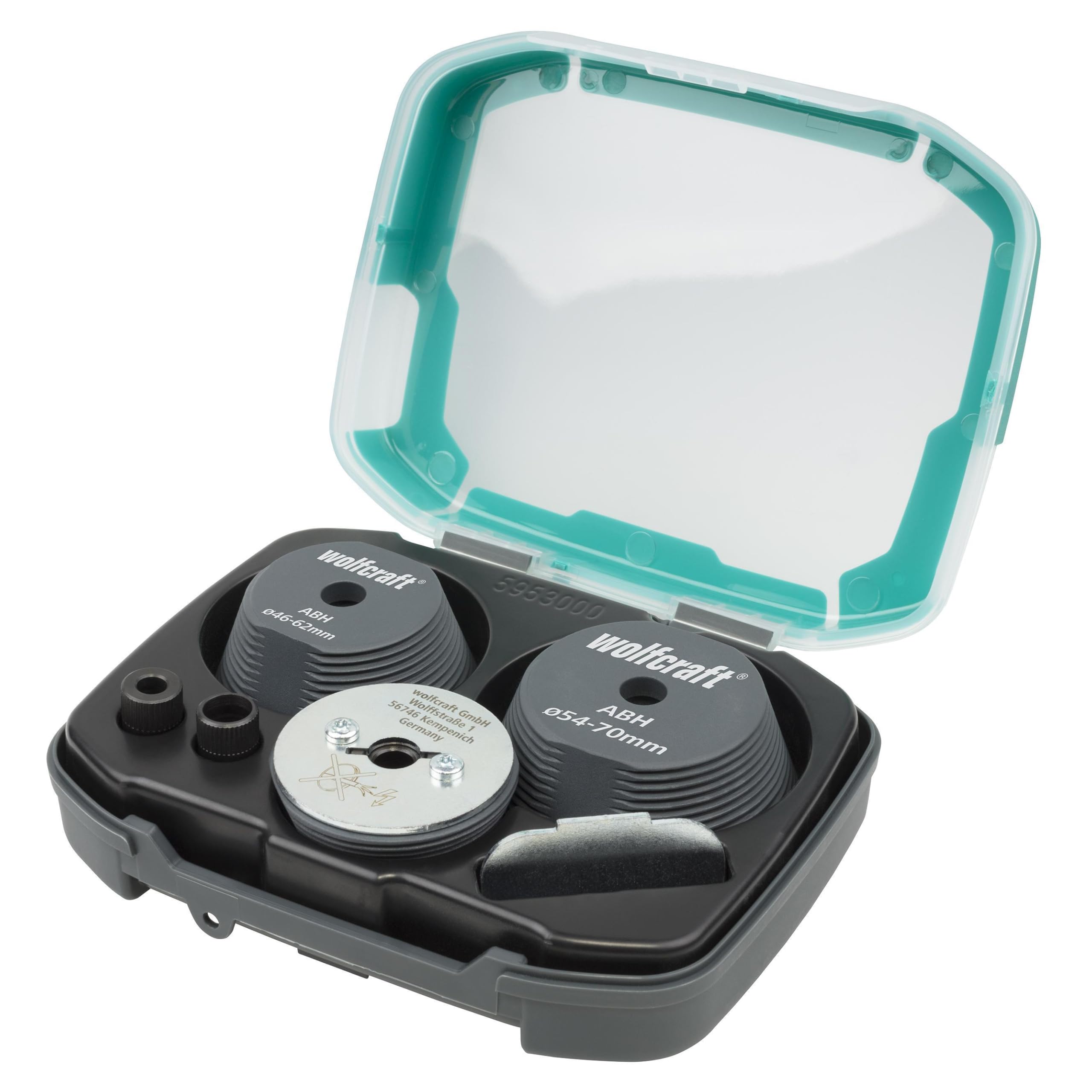 wolfcraft 5953000 - Coffret de guides de perçage pour scies cloches - Diamètre 35-70 mm - Pour agrandissement régulier et centré de trous percés existants - 3 pièces