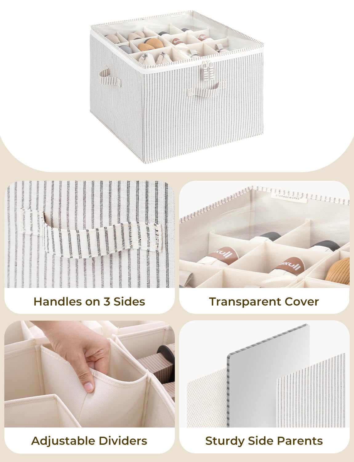 StorageWorks Organizzatore di scarpe per armadio, scatola porta scarpe con spazio a 16 paia, contenitore in tessuto per armadio con divisori regolabili e copertura trasparente, 43 x 43 x 32 cm