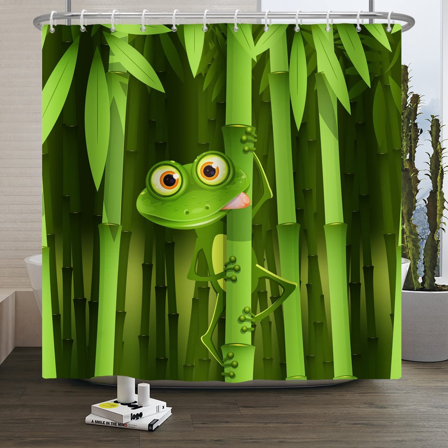 SDOTPMT 180x180cm Cute Frog Shower Curtain Funny Frog Bamboo Cartoon Animal Abstract Tree Leaves Bath Curtain Green Bathtub Curtain for Kids Bathroom Fabric Polyester Waterproof with Hooks
