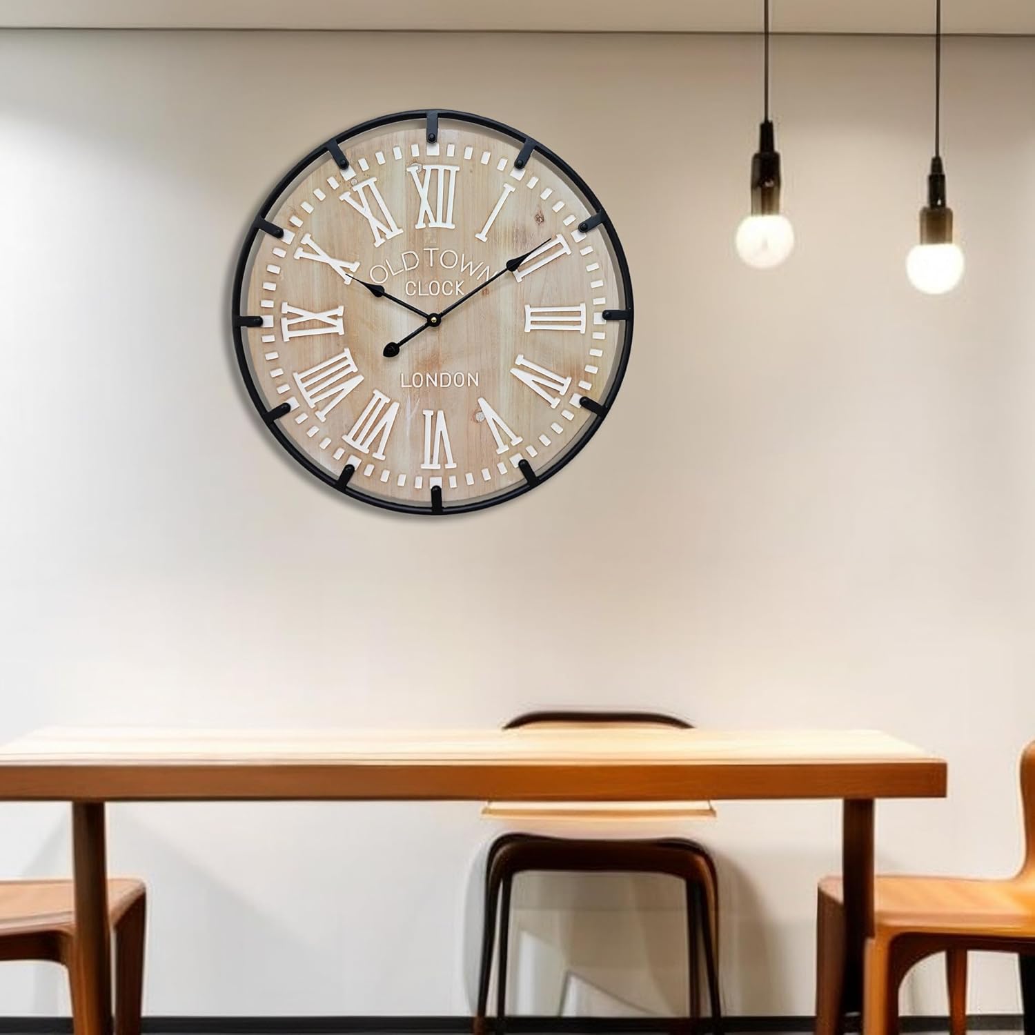 Large Farmhouse Rustic Wooden Wall Clock with Metal Frame and Large Engraved Numbers，Oversized Silent Retro Metal Wood Face Decorative Clock for Office Kitchen Bedroom Living Room (White, 24 inch)