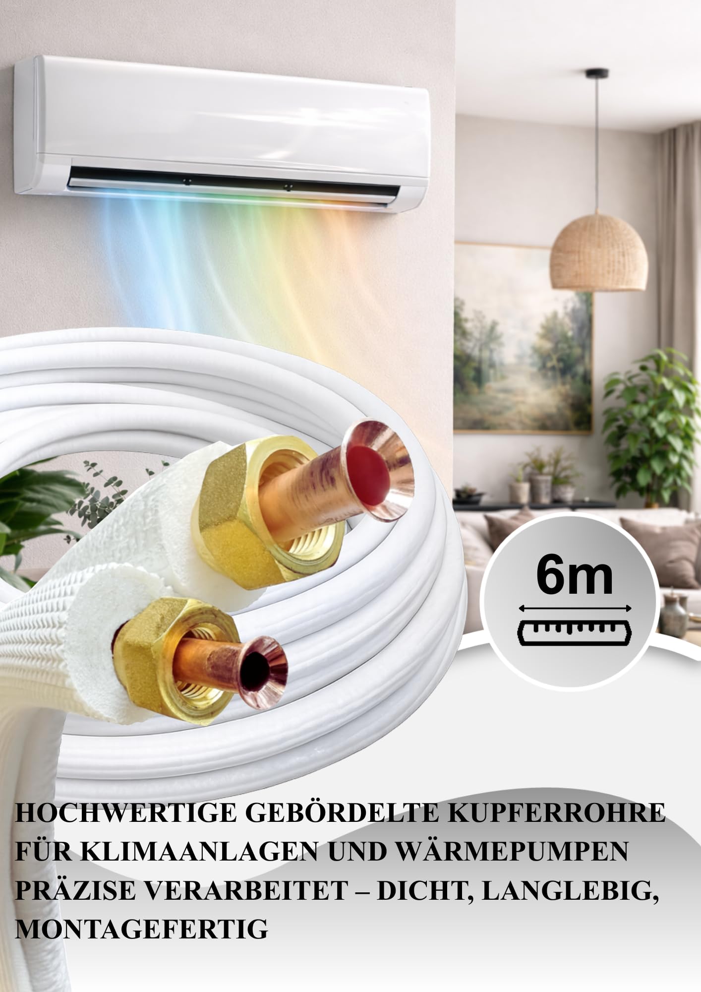 Black panda -Kältemittelleitung Kupferrohr Set 1/4" & 3/8" – 2x6m Kupferrohr mit isoliert 9 mm, Kupferleitung 99,9 % - Klimaanlagen Rohrleitung, Hohe Korrosionsbeständigkeit