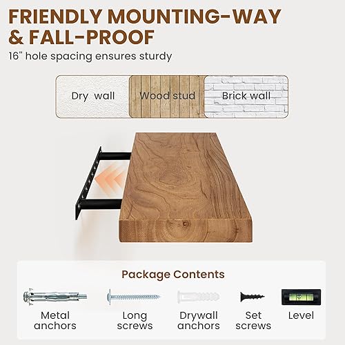 Miniatura 7 de Fun Memories Estantes flotantes, juego de 2 estantes de pared blancos de 24 pulgadas, estantes rústicos de madera maciza para baño, sala de estar,