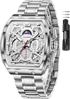 OLEVS Men's Watch Luxury Durable Stainless Steel 3ATM Waterproof Tonneau Watch with Moon Phase,Analog Quartz Chronograph Watches for Men Fashion Mens Watches Relojes para Hombres - Ideal Gift for Him