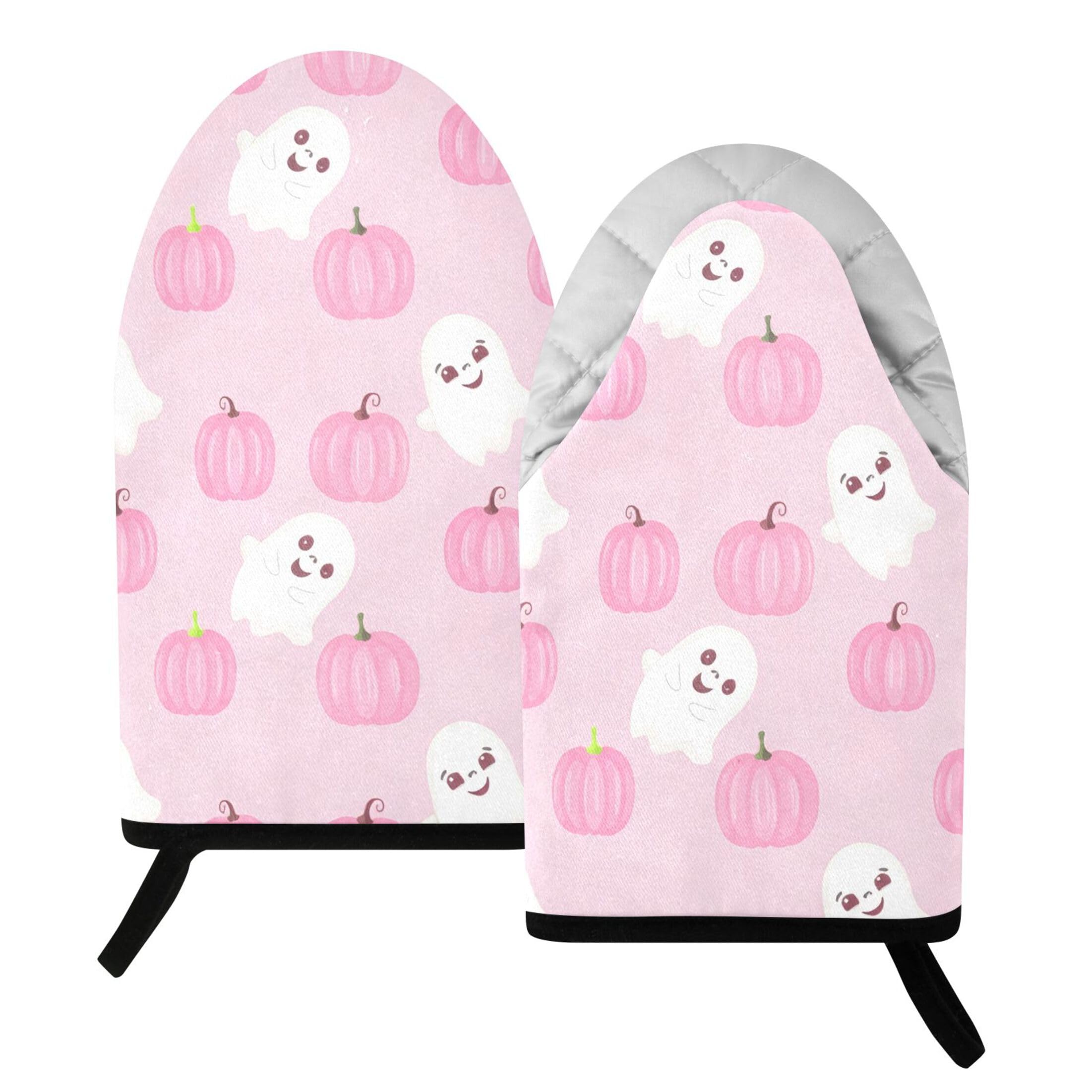 Kutsu Pink Ghosts Pumpkins Oven Mitts for Kitchen, Heat Resistant Cotton Oven Gloves for BBQ Baking Cooking, Breathable Kitchen Essentials, 2 pcs
