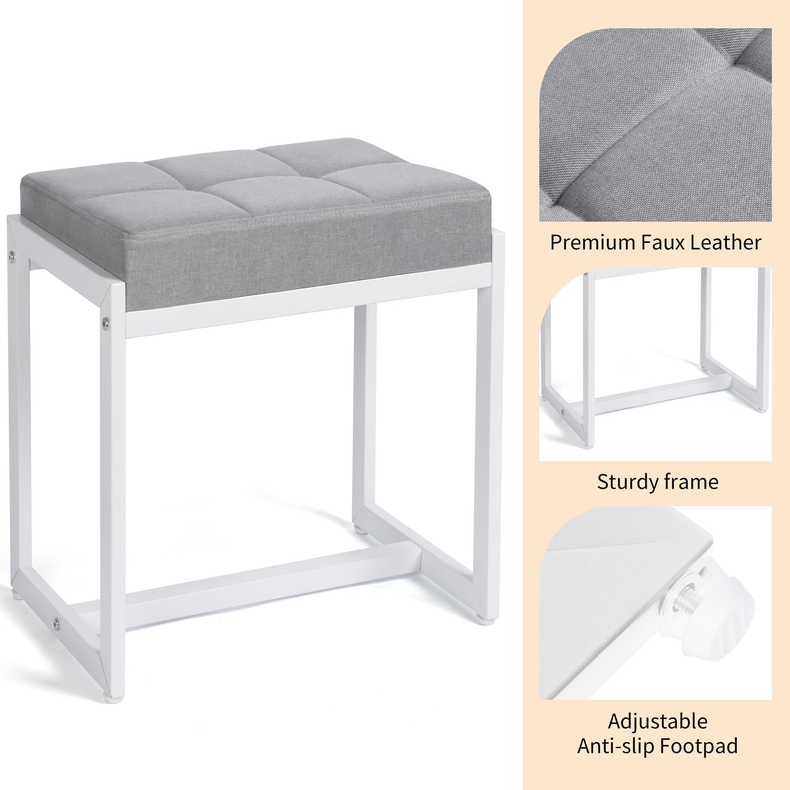 Sgabello da trucco, piccolo shocker, in lino con struttura in metallo, sgabello quadrato ottomano, poggiapiedi per soggiorno, camera da letto, ingresso, moderno sgabello grigio e bianco