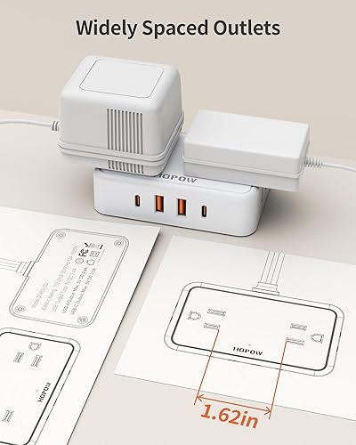 Miniatura 4 de Cable de extensión de enchufe plano, tira de alimentación ultrafina de 6 pies con 4 tomas de corriente alterna espaciadas y 4 puertos USB (2 USB-C),