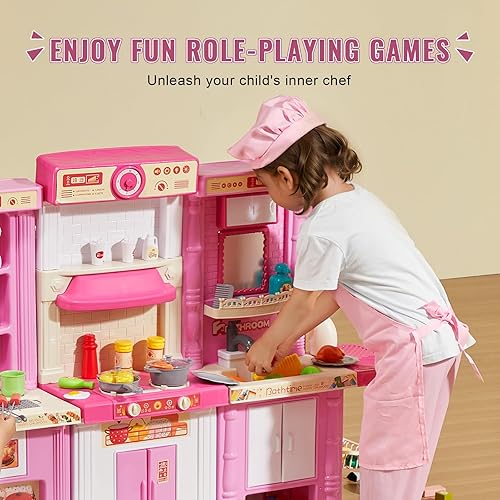 Miniatura 6 de VEVOR Juego de cocina para niños, cocina 3 en 1 con aerosol simulado, sonidos y luces, juego de cocina con 74 piezas de accesorios de cocina para