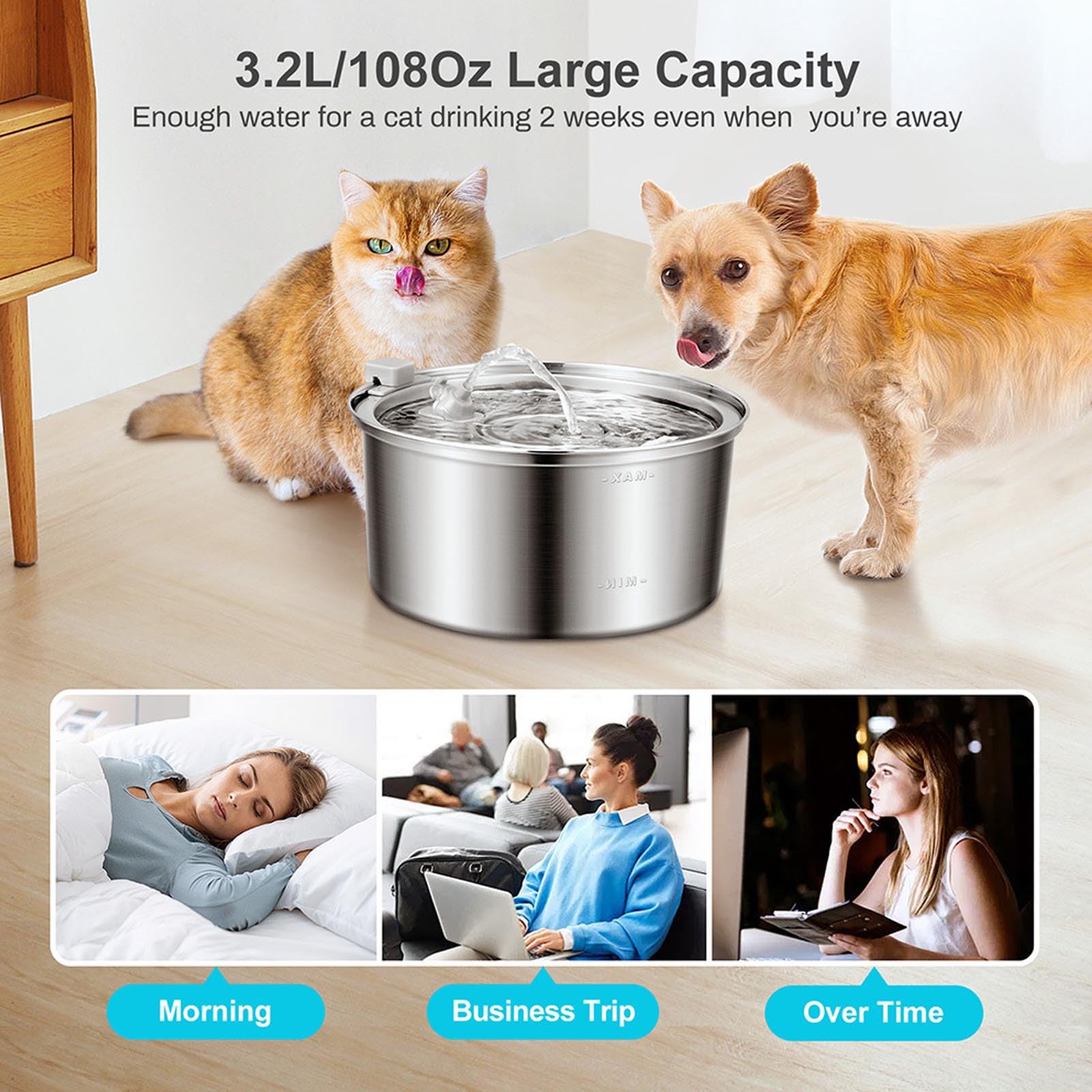 Fuente de Agua para Gatos de Acero Inoxidable, Dispensador Automático de Agua para Mascotas de 3,2 L para Perros y Gatos de Interior, con de Circulación y 3 Filtros de Repuesto,