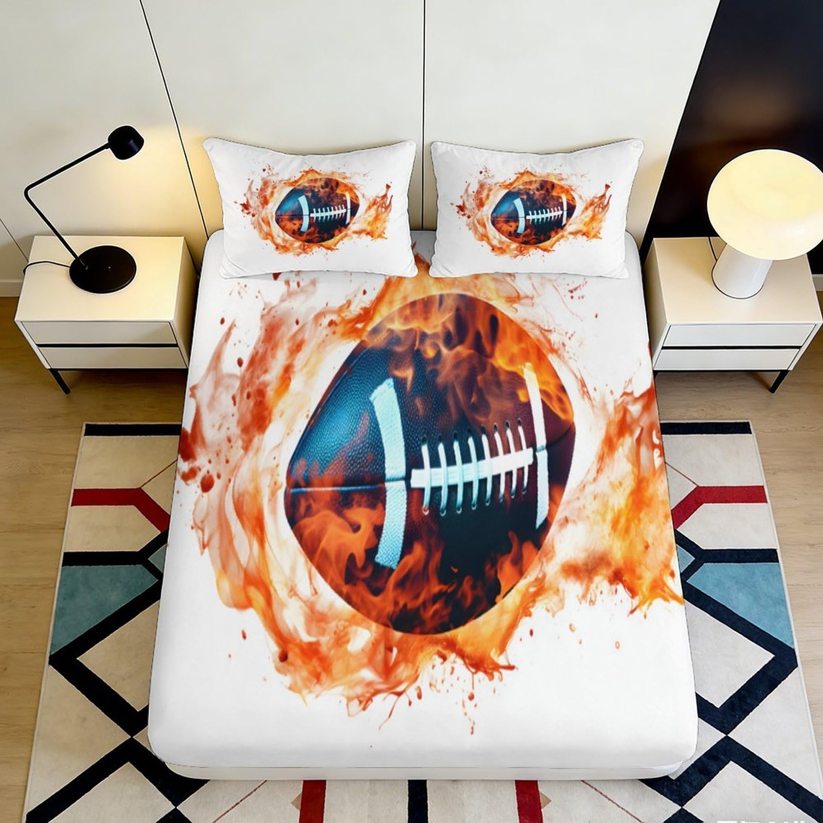 3D Printed Flaming Football Fitted Sheet Microfiber Soft Breathable Fire Pattern Bed Cover for Bedroom Dormitory Guest Room Mattress Protection 120x200x25cm