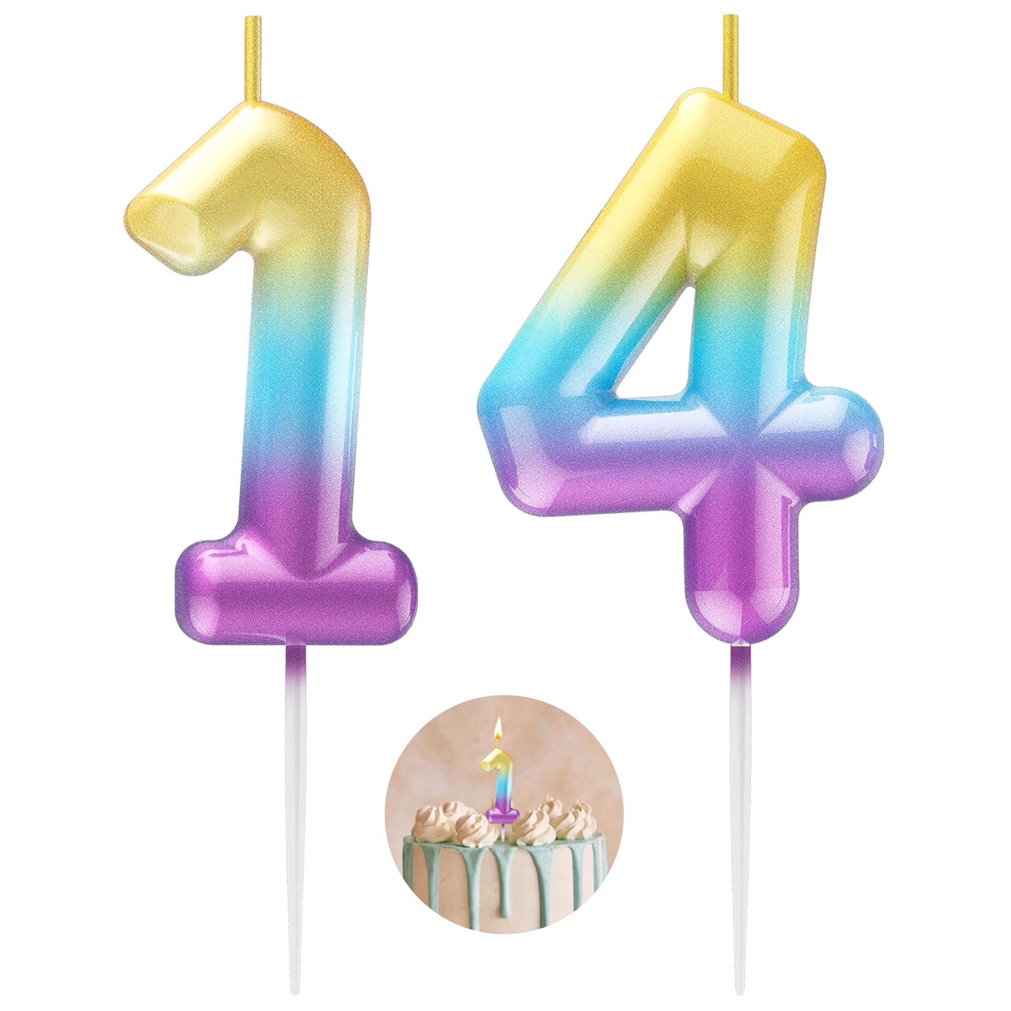 Rainbow Number 14 Candle Happy Birthday 3D Number Candles for Birthday Cake Party Decoration Wedding Anniversary Celebration Supplies