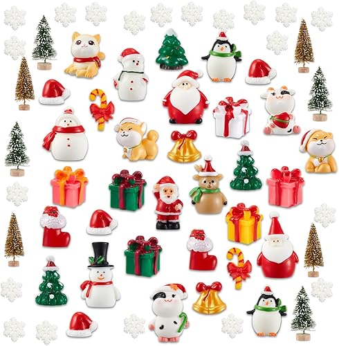 Sawysine Juego de 64 piezas de adornos en miniatura de Navidad, muñeco de nieve, adornos de resina de hadas, árbol de pino para accesorios de jardín