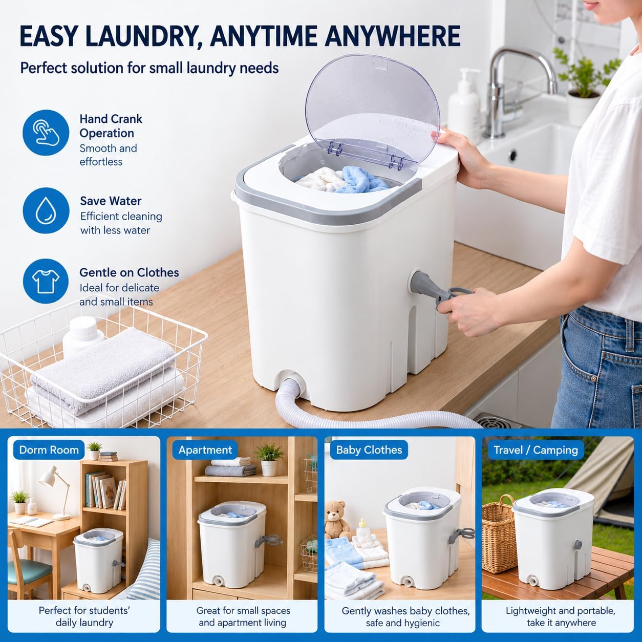 TeamSky Manual Washing Machine, Portable Hand Crank Clothes Washer No electricity required ， Compact and lightweight