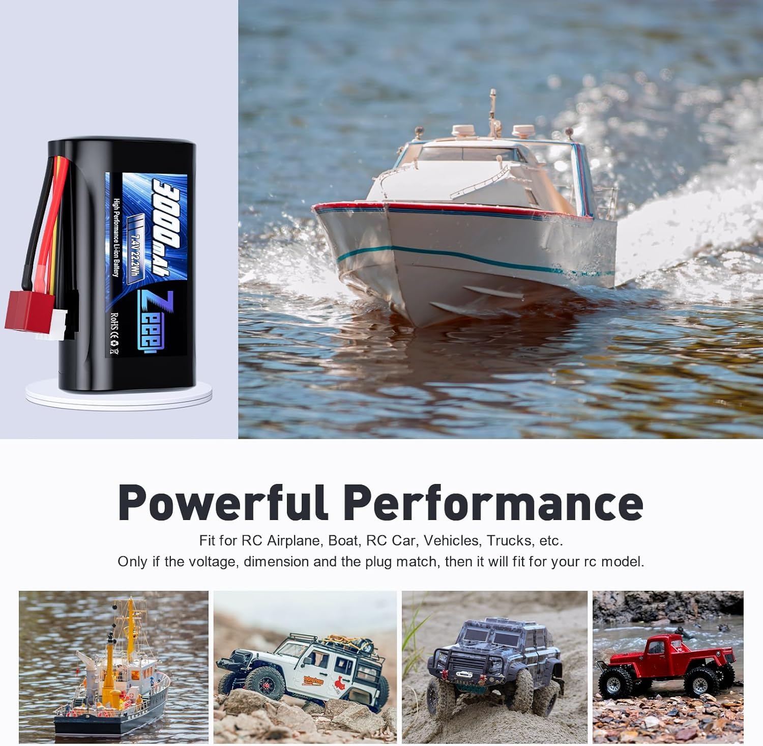 Zeee 2S Li-ION Batterie 7.4V 3000mAh avec Deans Connector Batterie RC Rechargeable Compatible avec Voiture RC Haute Vitesse 4WD Voiture RC à l'échelle 1/16 Bateau RC Camions RC (2pcs)