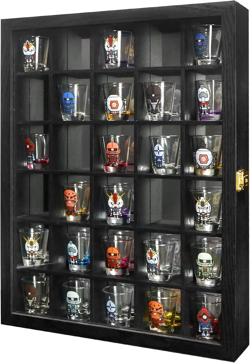 Black Shot Glass Display Case 30 Slots with Mirror Background Large Wooden Cabinet Rack Holder Mini Helmet Collection Wall Mounted Shadow Box Lockable with Tempered Glass Door 15.5*20 Inches 15.5x20