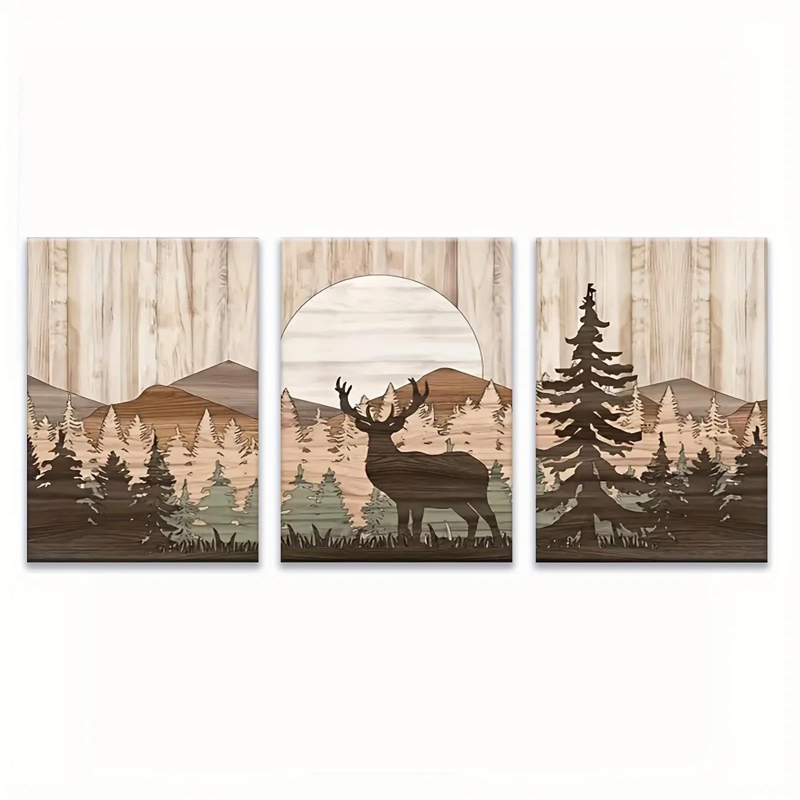Yocheng 3pcs Wall Art Set -Moose Sunset Canvas Prints, Aesthetic Nature-Inspired Decor For Living Room, Bedroom 21x30cmx3 No Frame