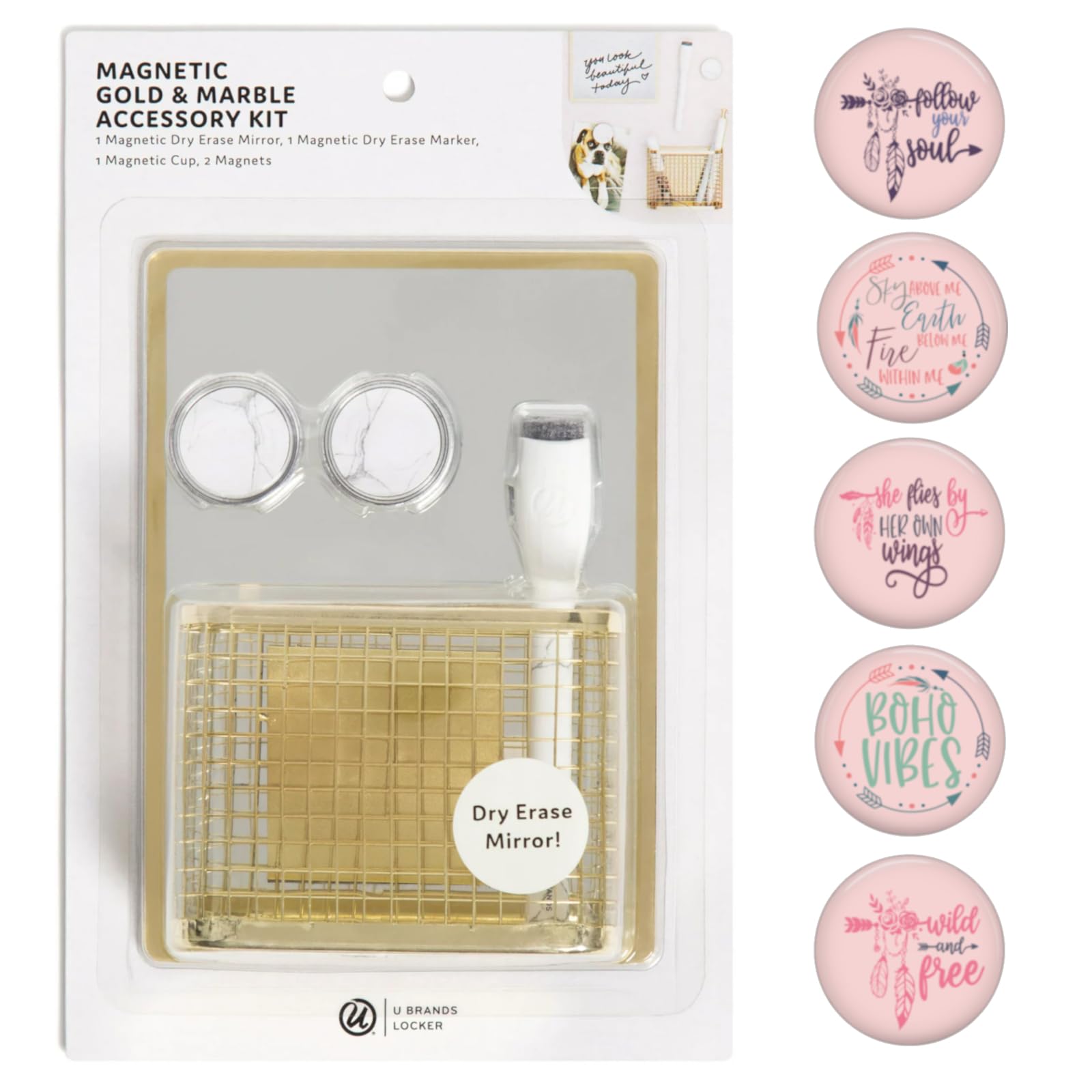 Boho Locker Kit: Mirror, White Board, Pencil Cup, Pen and Inspirational Magnets Retro Style Set (Boho Gold - 10 Piece Kit)