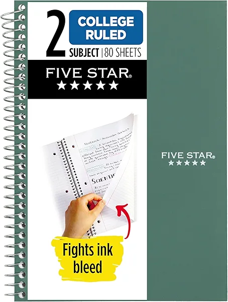 Five Star Spiral Notebook, 2 Subject, College Ruled Paper, 6" x 9-1/2", 80 Sheets, Fights Ink Bleed, Water Resistant Cover, Seaglass Green (840029CH1-ECM)