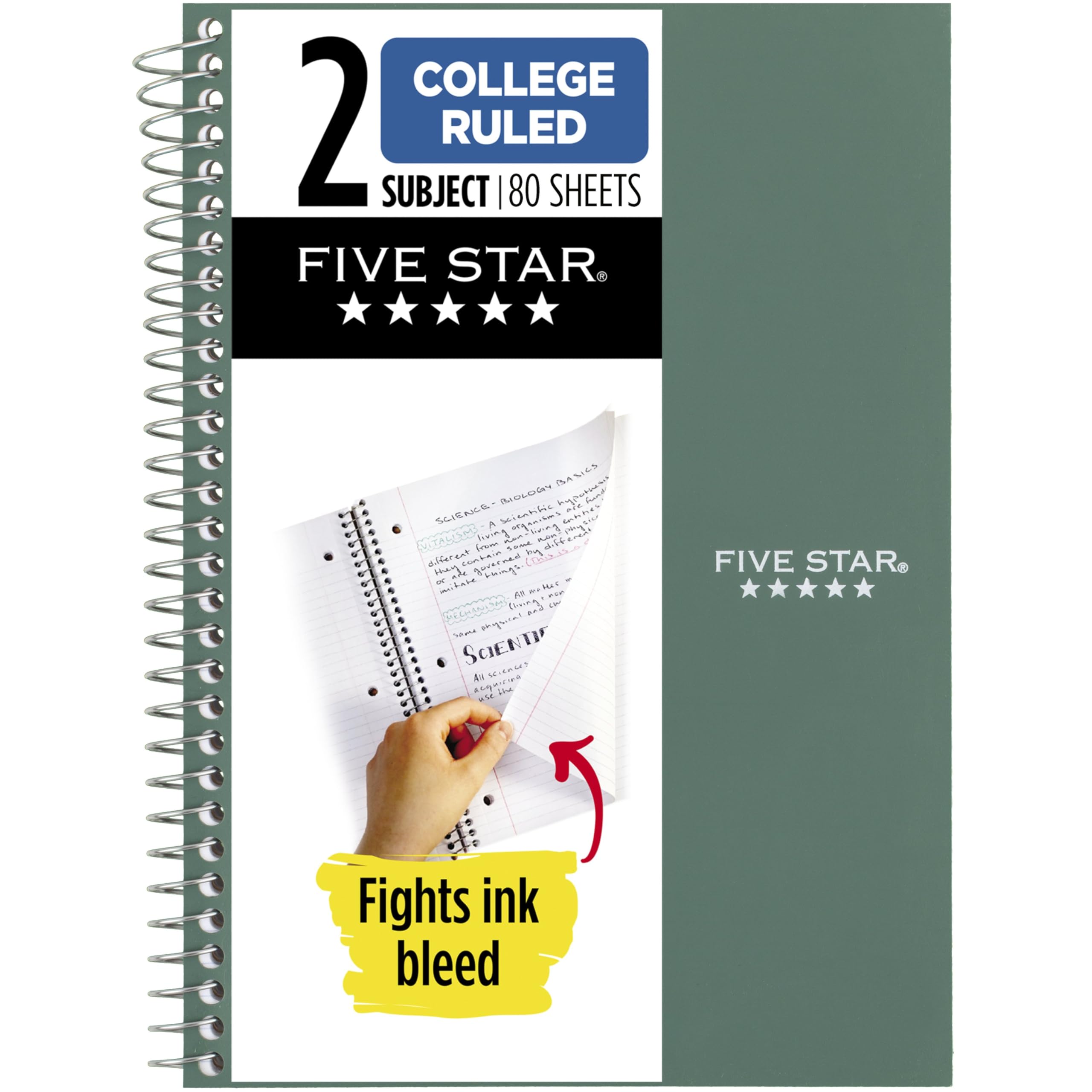 Five StarSpiral Notebook, 2 Subject, College Ruled Paper, 6" x 9-1/2", 80 Sheets, Fights Ink Bleed, Water Resistant Cover, Seaglass Green (840029CH1-ECM)