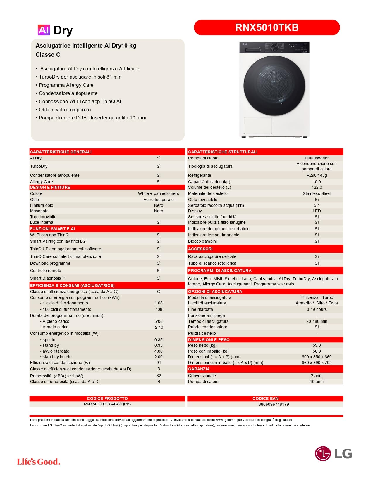 LG RNX5010TKB AI Dry Asciugatrice 10 kg Intelligente a Pompa di Calore