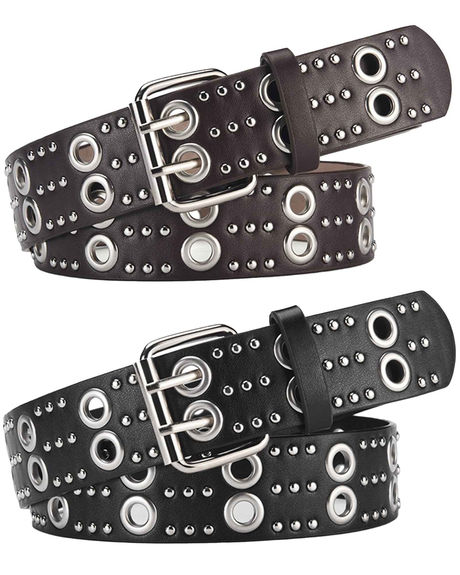 SEAUR Double Grommet Leather Belt for Women Y2K Punk Studded Gothic Adjustable Waist Belt for Jeans Dresses