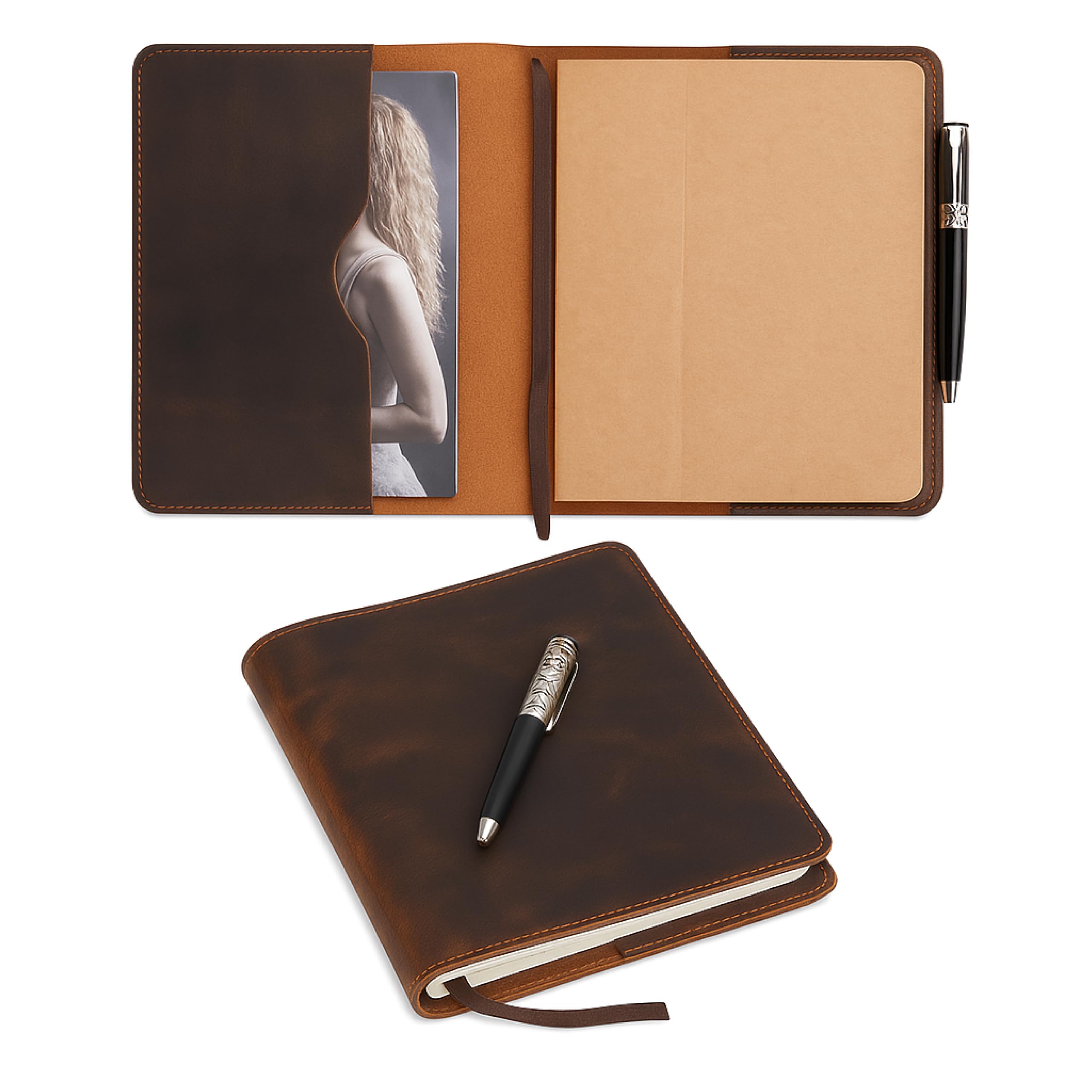 Brown Leather Journal Cover, Distressed XL Journal 7.5x9.75 Handmade Leather Notebook Bible Cover Travelers Notebook Refillable Planner B5 Composition Notebook Holder