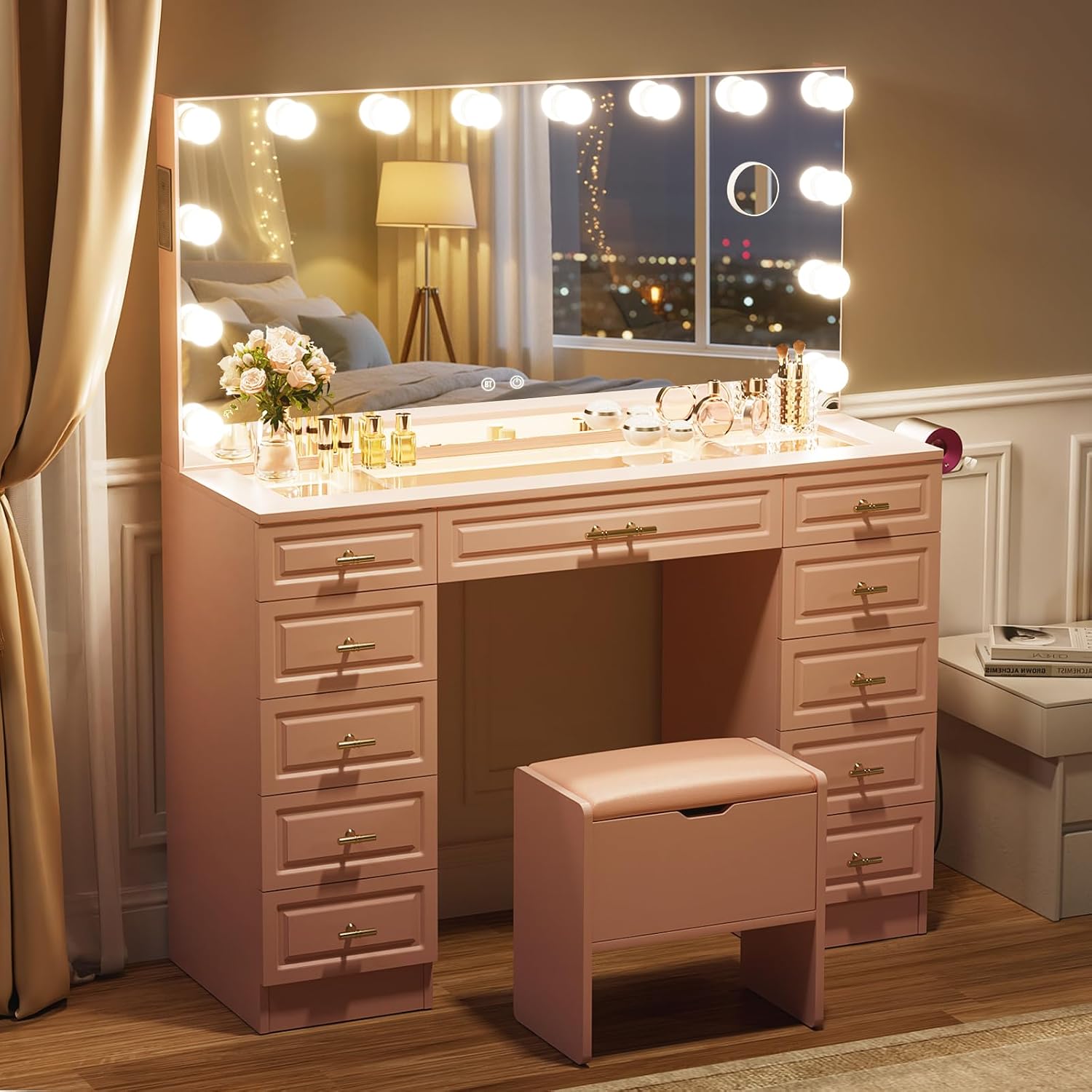 VOWNER Vanity with Lighted Mirror - Glass Top Makeup Vanity Desk w/Bluetooth Speaker, 14 Lights and 11 Drawers, 3 Color Lighting Modes Adjustable Brightness, Makeup Desk with Outlet for Bedroom, Pink