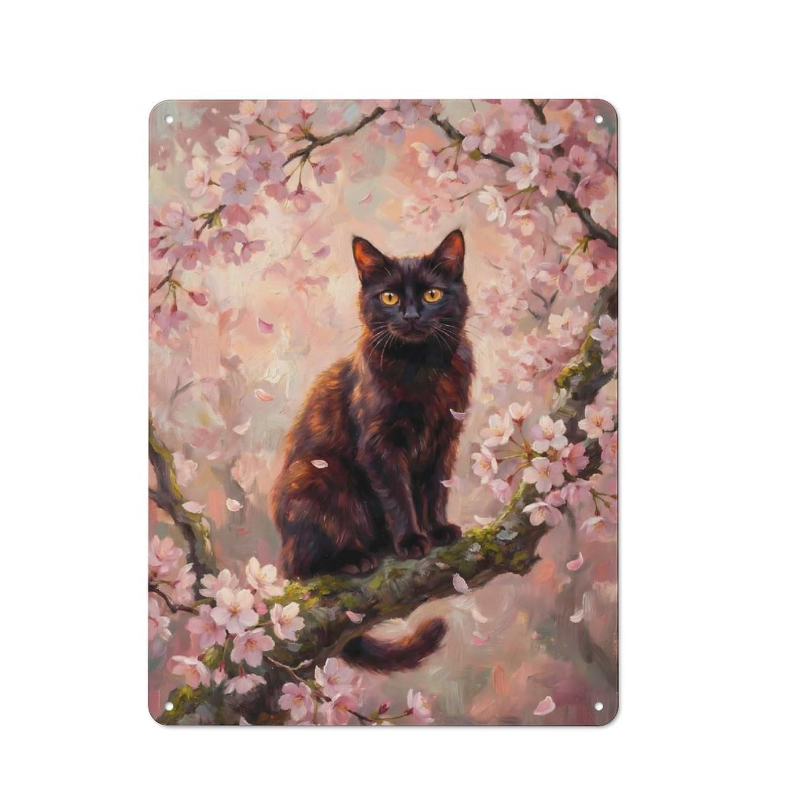 Country Style Black Cat in Cherry Blossom Decorative Metal Sign 40x30cm, Bistro Wall Plaque for Restaurant, Kitchen, Counter Or Breakfast Nook