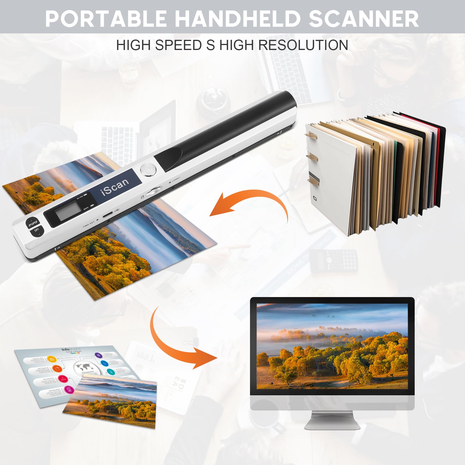 AOZBZ Portable Document Scanner, 900DPI Hand Held USB Image Scanner A4 Colour Photo Mobile Scanner Handy Scan (JPG/PDF Format, High Speed USB 2.0, Micro Need SD/TF Card Included) (White) — view 2