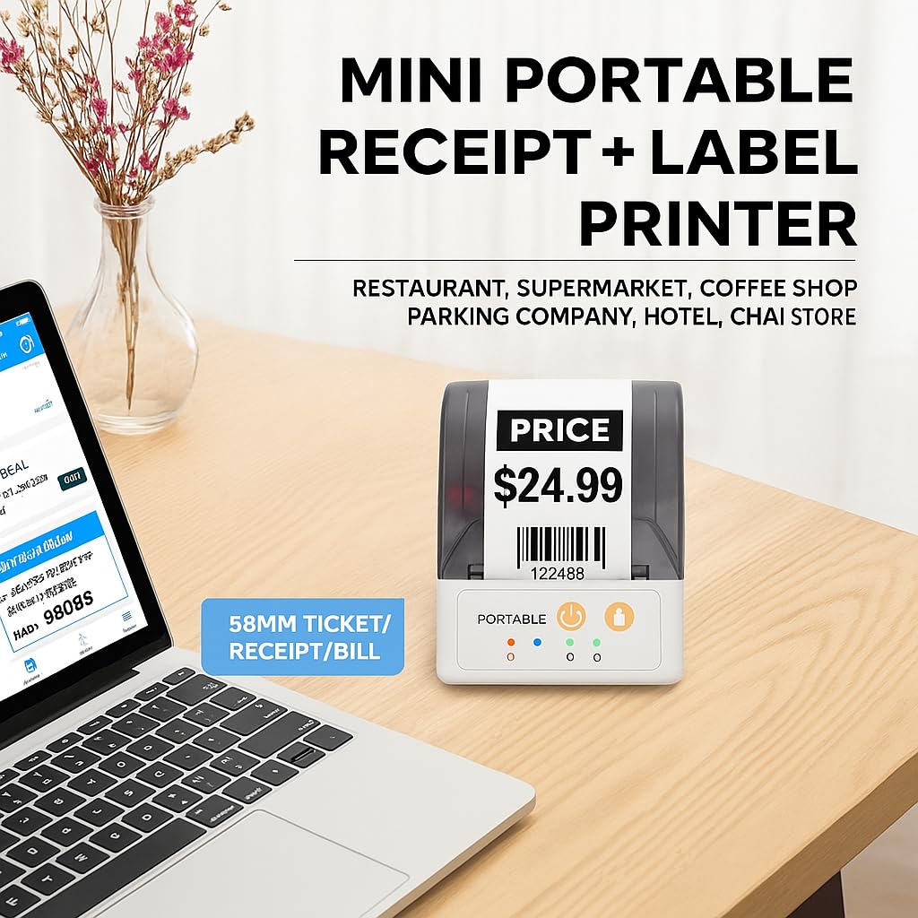 SHREYANS SRS58-201 Mini Portable Receipt and Label Printer in a cafe setting